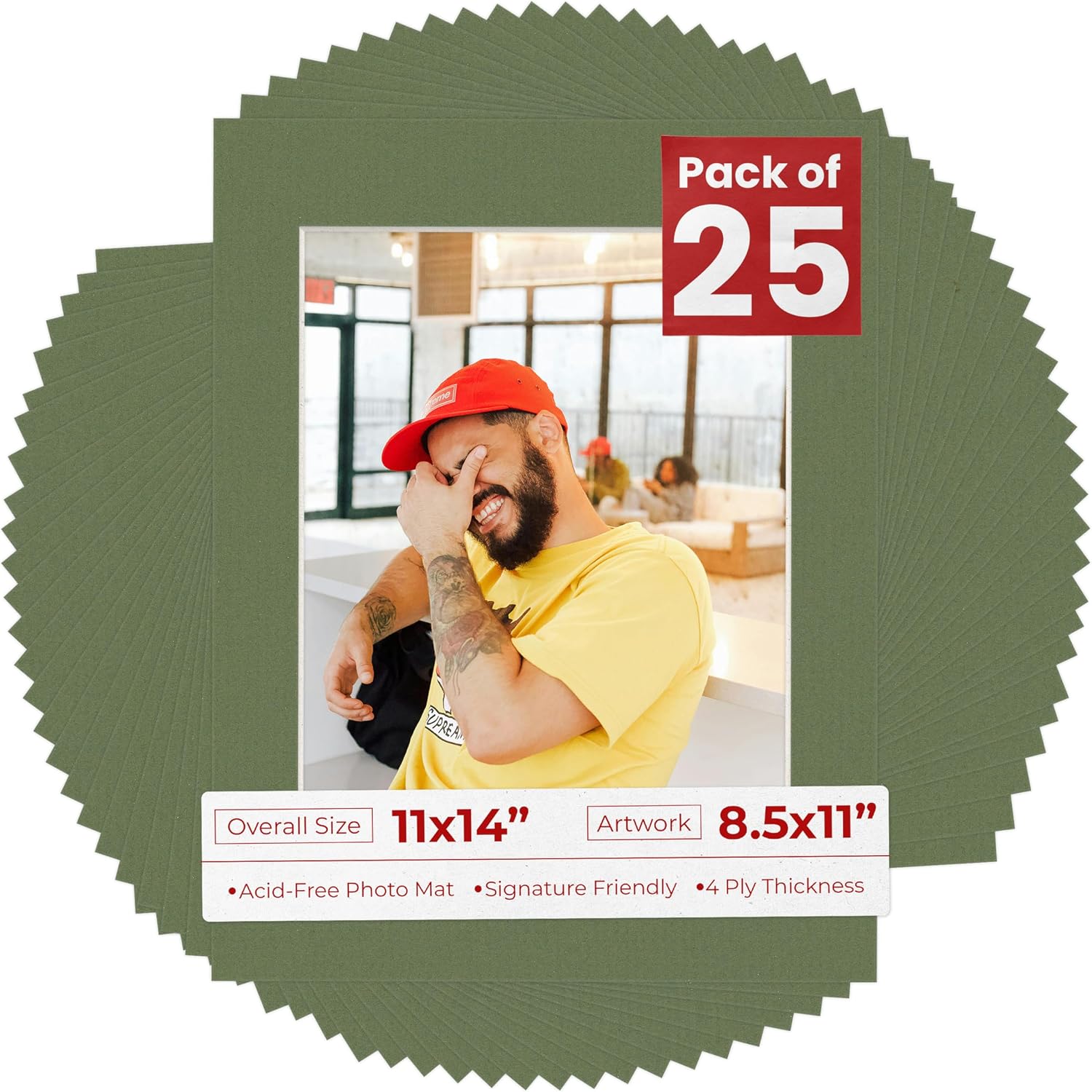8.5x11 Mat for 11x14 Frame - Precut Mat Board Acid-Free Show Kit with Backing Board, and Clear Bags Dill Green 8.5x11 Photo Matte For a 11x14 Picture Frame Matboard for Framing, Pack of 25 Mats