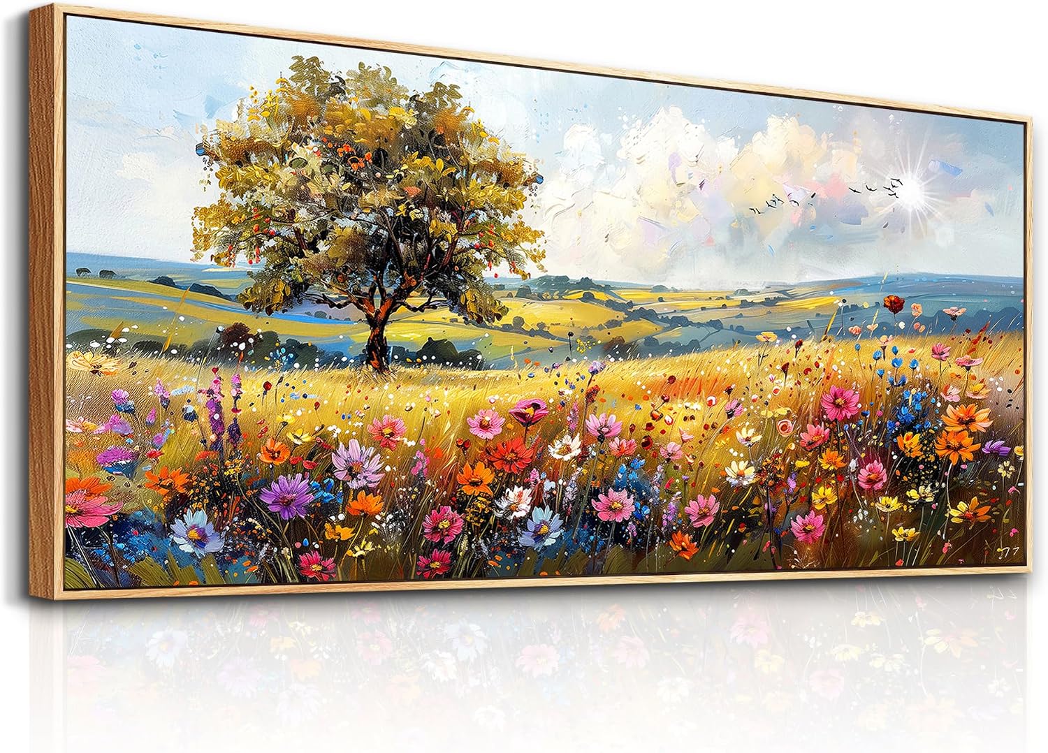 hyidecorart Large Framed Wall Art, Spring Landscape Wall Art, Nature Tree Wildflower Artwork, Colorful Scenery Rustic Painting Canvas Prints, Farmhouse Wall Decor Living Room Bedroom Picture 32x72 In