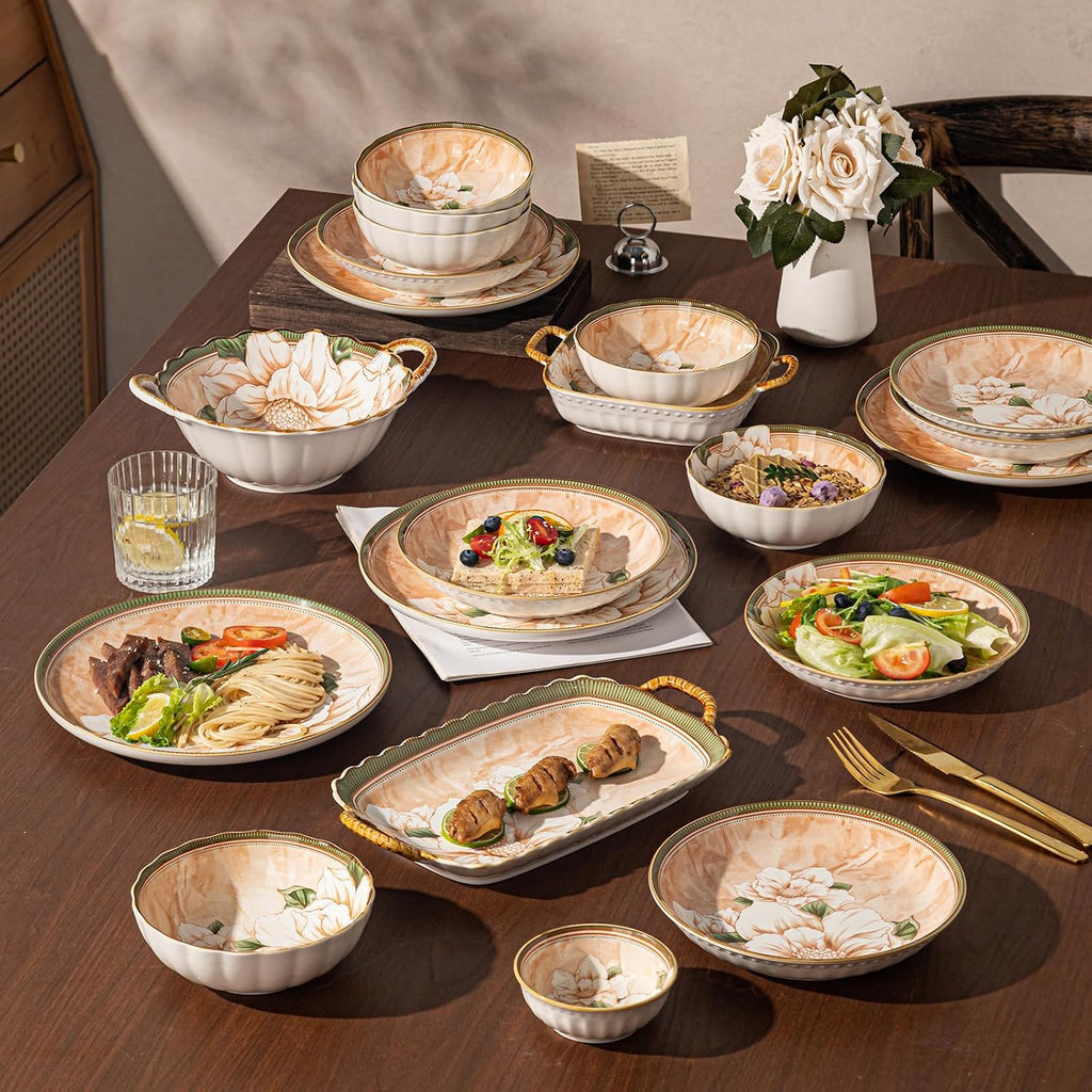 36-Piece Dinnerware Set for 6, Porcelain Plates and Bowls Sets, Vintage Camellia Flower Pattern Elegant Tableware, Chip-Resistant Stackable Ceramic Dish Set, Microwave & Dishwasher Safe
