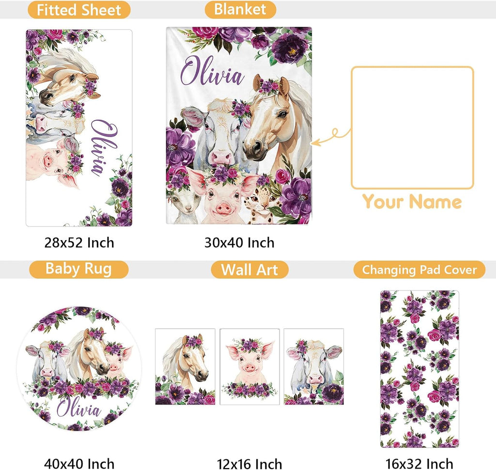 Terwex Custom Baby Crib Bedding Set, 5 Pcs Personalized Name Baby Crib Sets for Infant Toddler, Floral Horse Nursery Bedding Set for Baby Girls, Double Layer Baby Bedding Sets, Gifts for New Parents