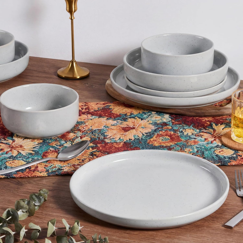 HaWare 24-Piece Plates and Bowls Set for 6, Stoneware Dinnerware Sets with Pasta Bowl, Dishes Set for Home Restaurant, Speckled Misty Grey