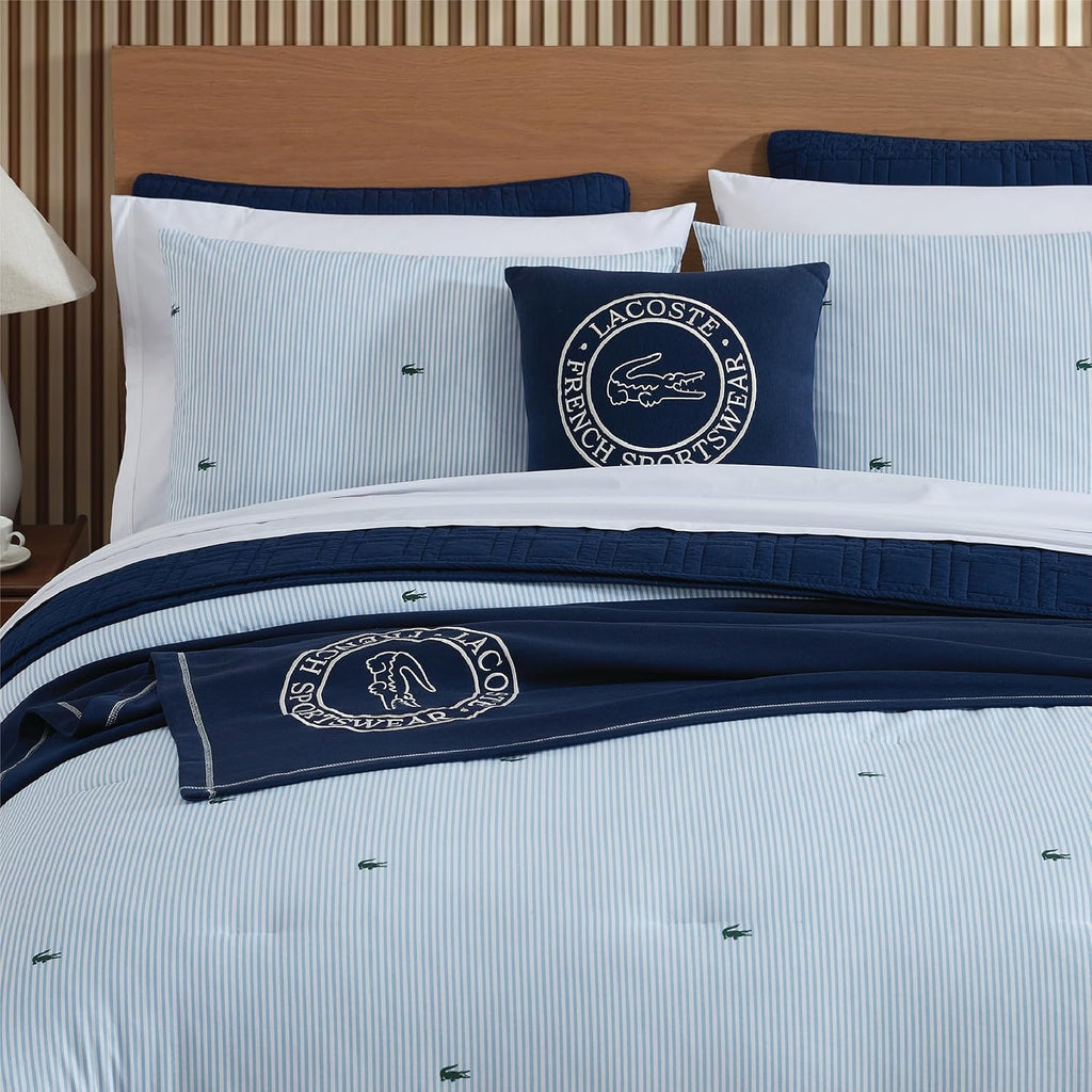 Lacoste Pinstripe Croc Comforter Set, 100% Percale Cotton 180TC, Breathable All Season Bedding with Embroidered Crocodile Logo, Blue, King