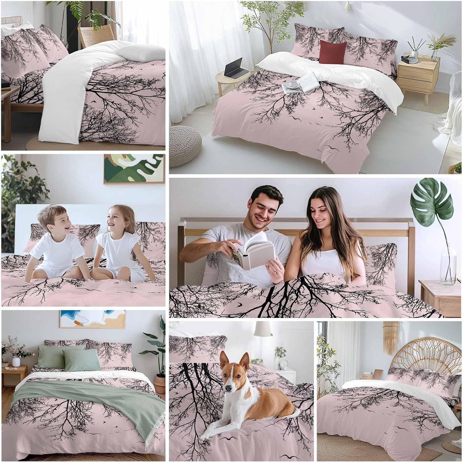 Prime Leader Tree Branches Bird Duvet Cover Set Queen Size 4 Pieces Pink Background Black Deadwood Bedding Set with Zipper Closure, 1 Comforter Cover 86x86 Inches 1 Flat Sheet & 2 Pillow Cases