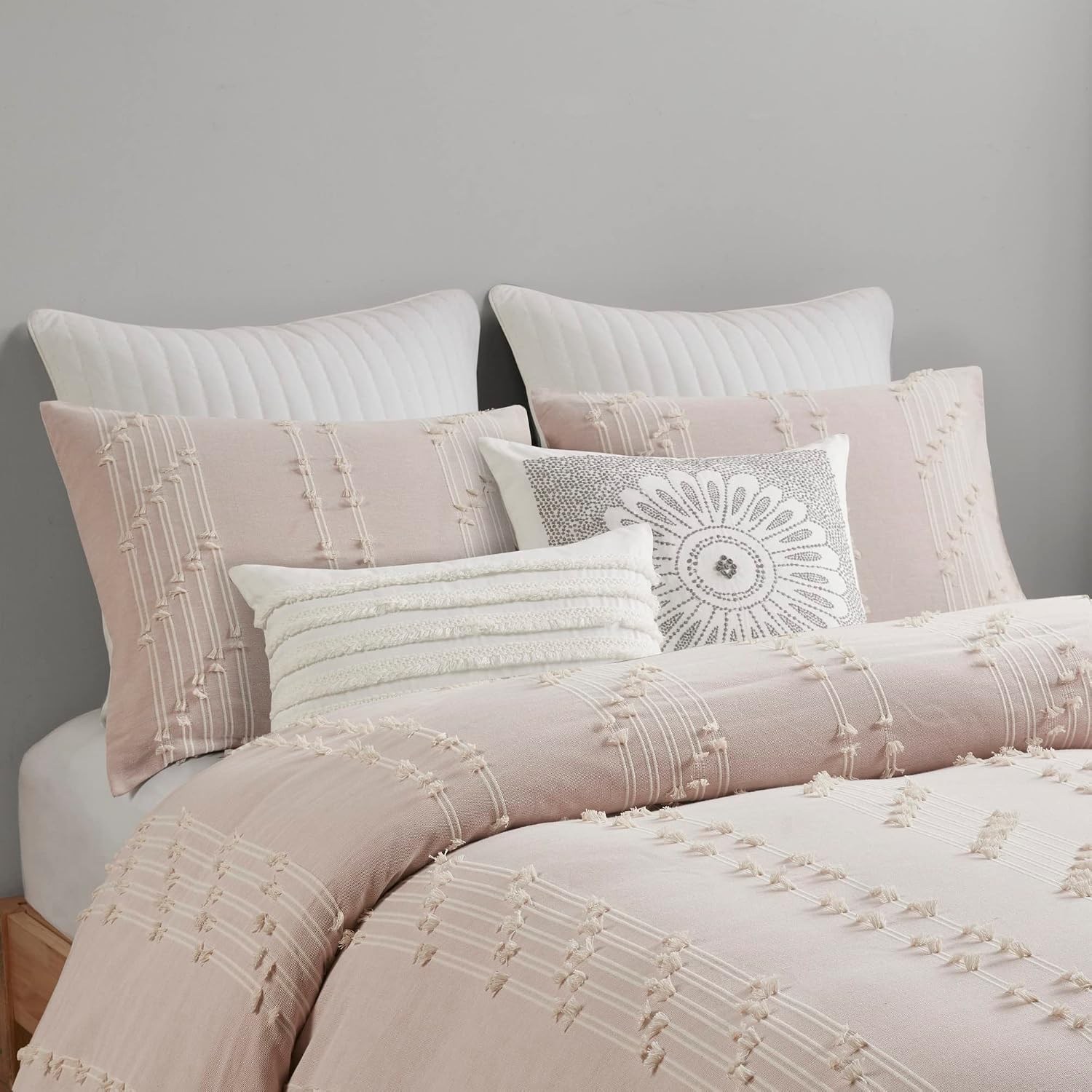 INK+IVY Kara 100% Cotton Duvet Mid Century Modern Design, All Season Comforter Cover Bedding Set, Matching Shams, Full/Queen, Jacquard Stripes Blush 3 Piece