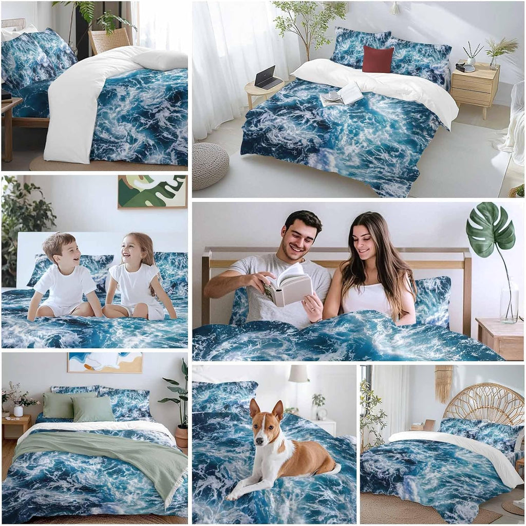 Dark Blue Ocean Scenery Duvet Cover Set Queen Size 4 Pieces Ombre Sea Waves Natural Modern Art Bedding Set with Zipper Closure, 1 Comforter Cover 86x86 Inches 1 Flat Sheet & 2 Pillow Cases