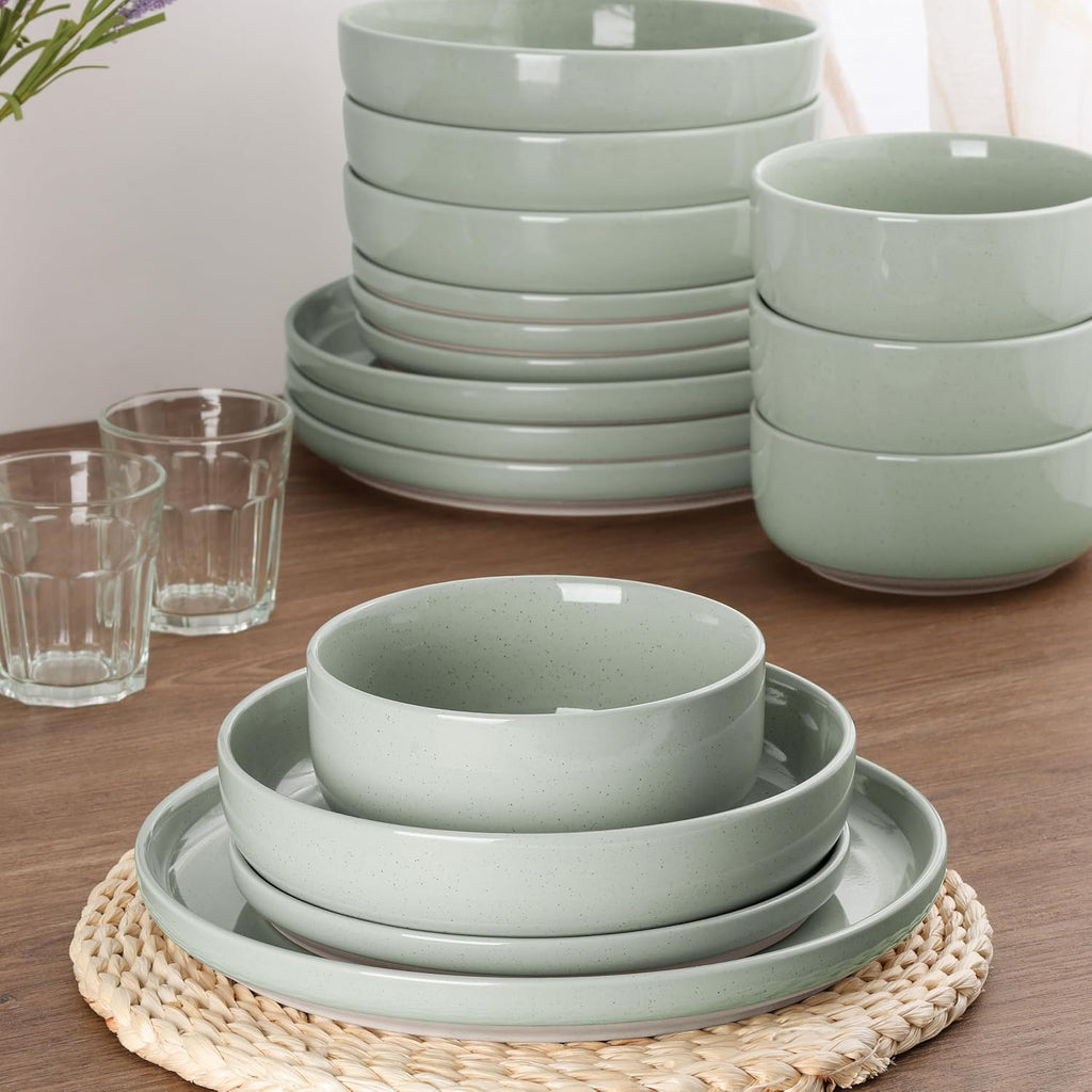 HaWare 24-Piece Plates and Bowls Set for 6, Stoneware Dinnerware Sets with Pasta Bowl, Dishes Set for Home Restaurant, Speckled Asparagus Green
