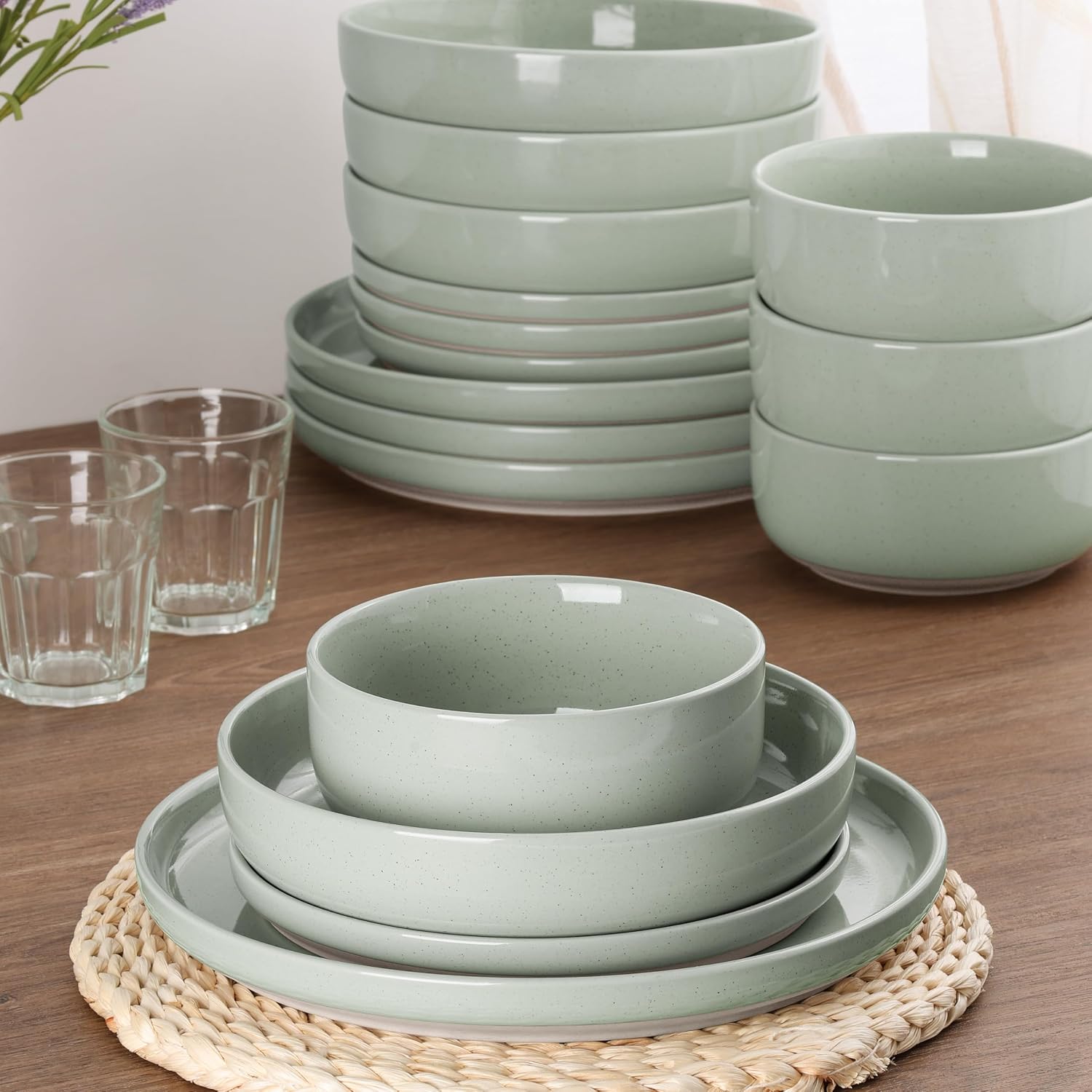 HaWare 24-Piece Plates and Bowls Set for 6, Stoneware Dinnerware Sets with Pasta Bowl, Dishes Set for Home Restaurant, Speckled Asparagus Green