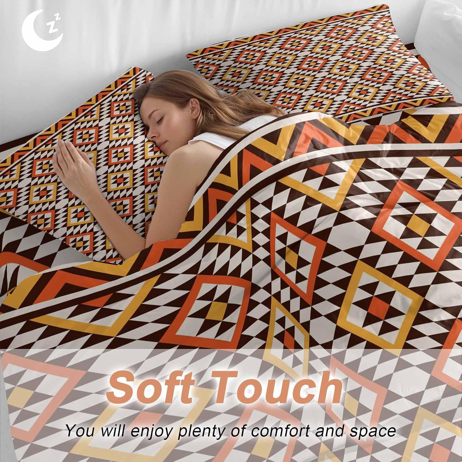 Native Striped Duvet Cover Set Queen Size 4 Pieces Yellow Orange Tribe Geometric Abstract Ethnic Plaid Bedding Set with Zipper Closure, 1 Comforter Cover 92x106 Inches 1 Flat Sheet & 2 Pillow Cases