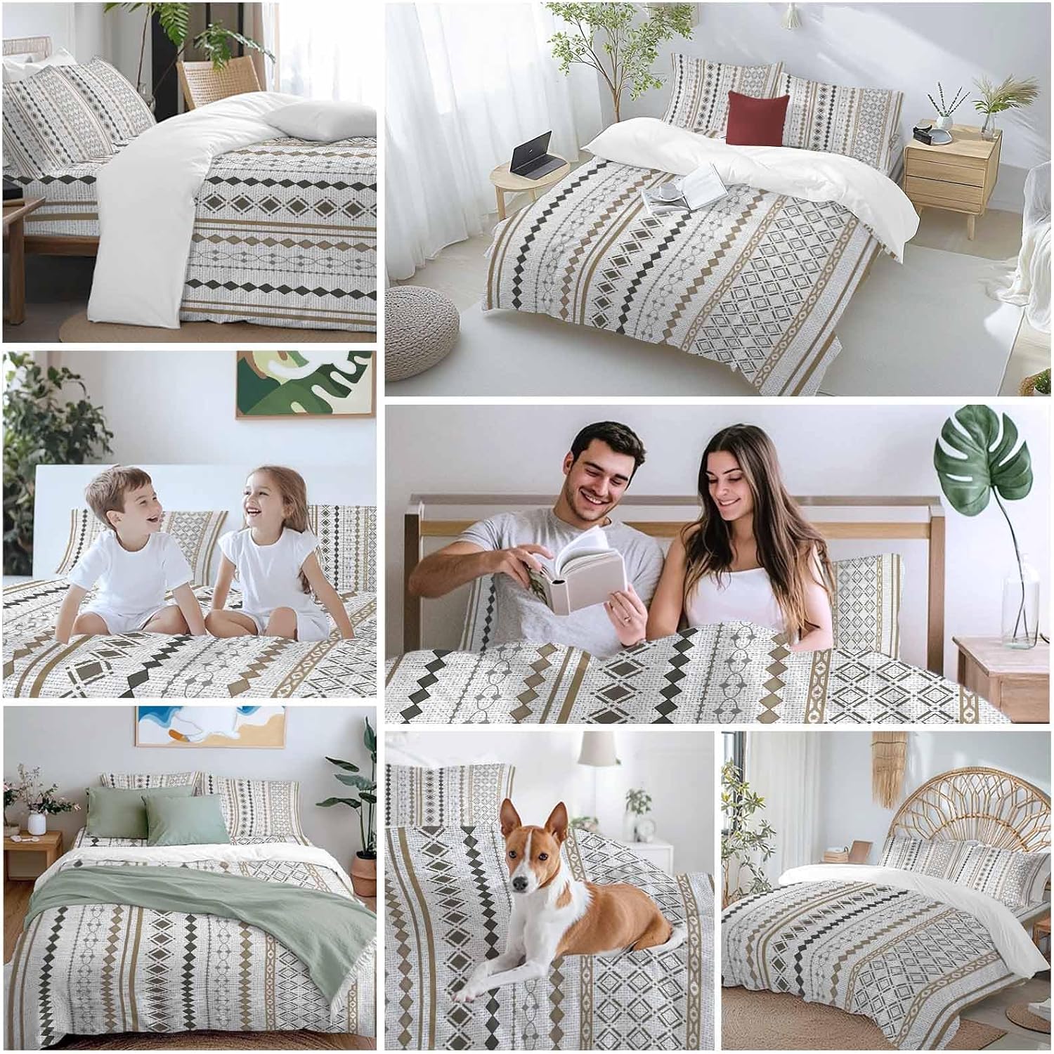 Bohemia Geometric Duvet Cover Set Queen Size 4 Pieces Brown Stripes Diamond Ethnic Linen Texture Bedding Set with Zipper Closure, 1 Comforter Cover 86x86 Inches 1 Flat Sheet & 2 Pillow Cases