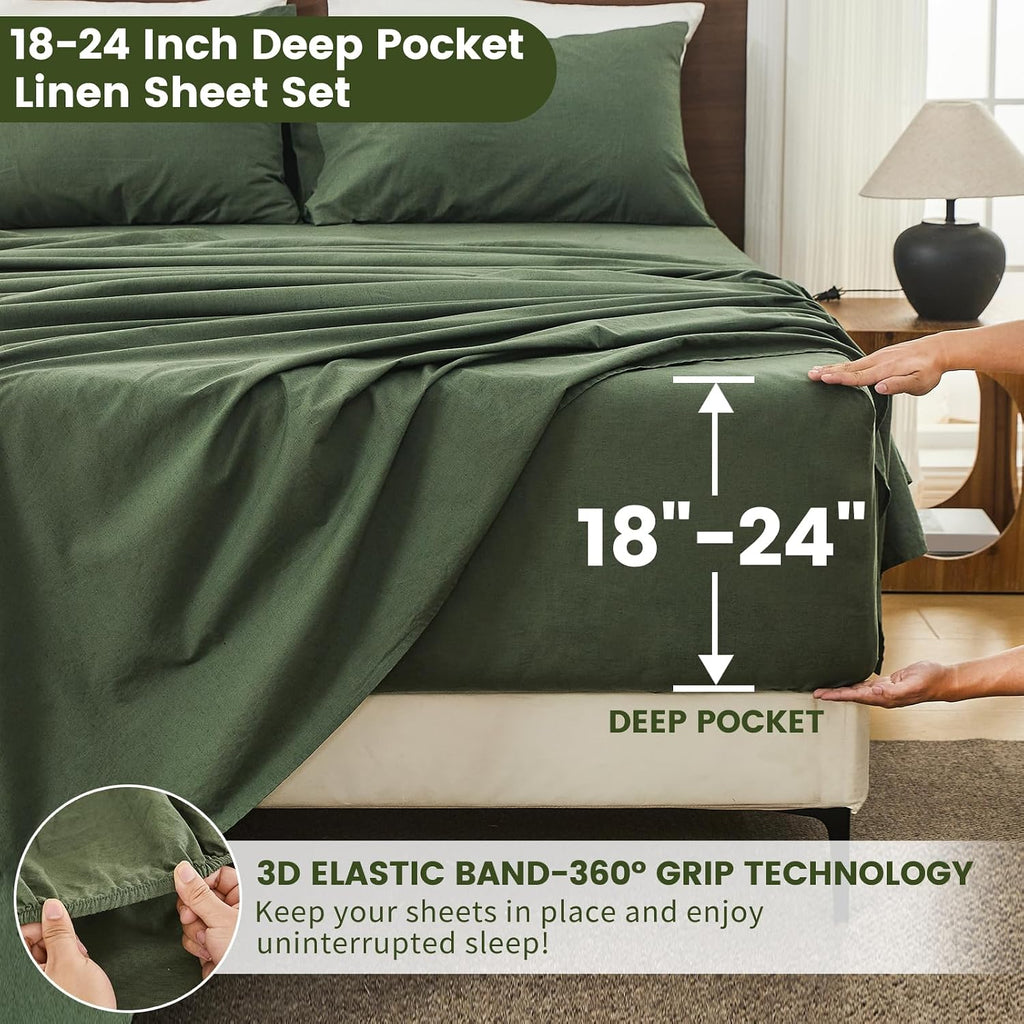 Bedlifes 100% French Flax Linen Sheets Set Queen Size - 6 Piece Extra Deep Pocket 18-24',Soft Breathable Queen Bed Sheets with Temperature Regulating & Moisture-Wicking(Forest Green