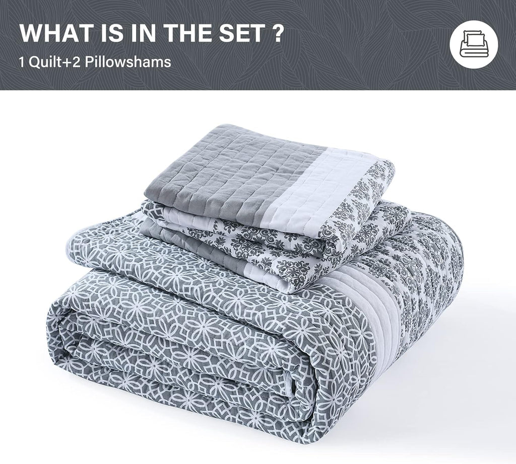 SahSahCasa Quilt King Size, King Quilt Set, 100% Cotton King Quilt Bedding Set Bedspreads, Reversible Lightweight Floral Patchwork Quilts Bedspread for King Bed, Bluish Grey, for All Season, 3-Piece
