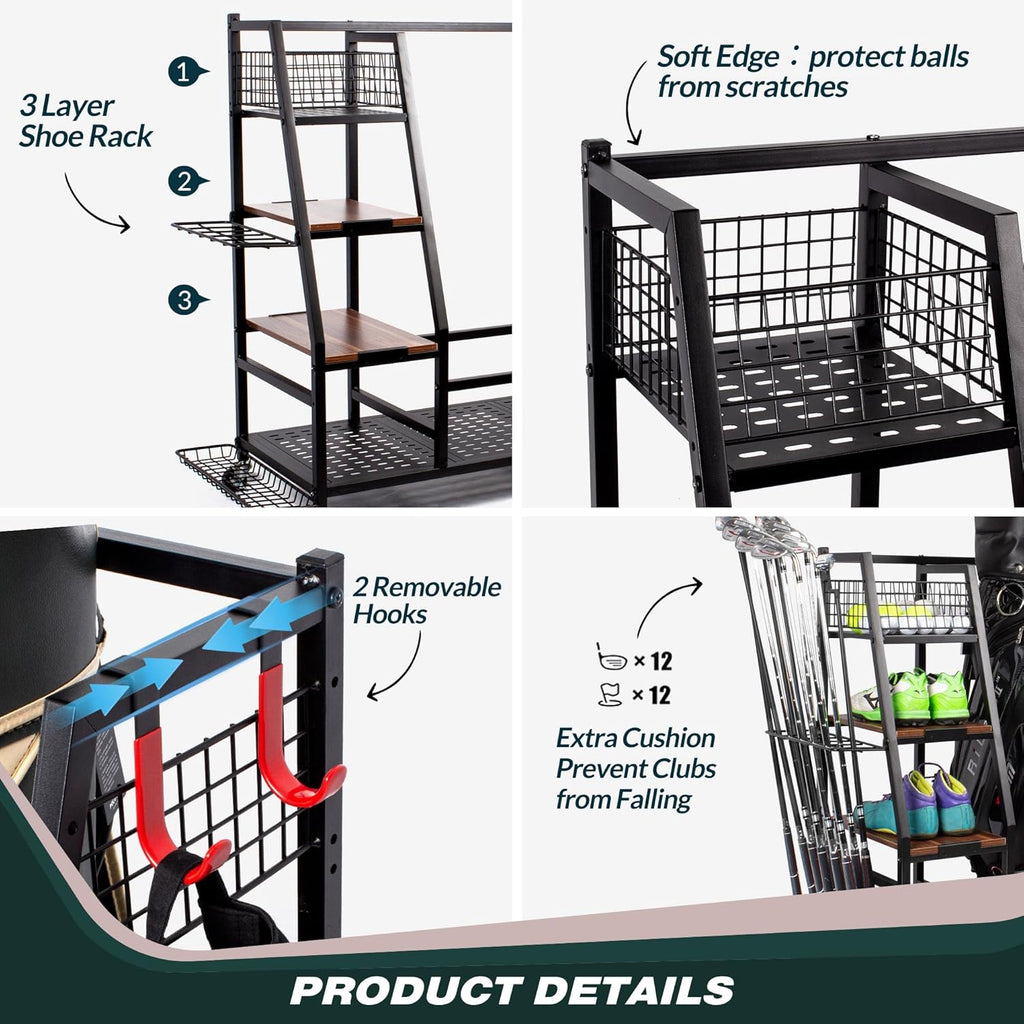 Sttoraboks Golf Bags Storage Garage Organizer, Golf Bag Rack Fits 2/3 Golf Bags and Golf Equipment Accessories, Golf Club Storage Stand with Wooden Shelf and Lockable Wheels for Garage Indoor Basement