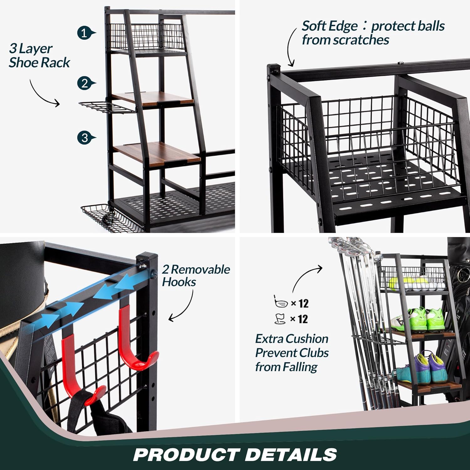 Sttoraboks Golf Bags Storage Garage Organizer, Golf Bag Rack Fits 2/3 Golf Bags and Golf Equipment Accessories, Golf Club Storage Stand with Wooden Shelf and Lockable Wheels for Garage Indoor Basement