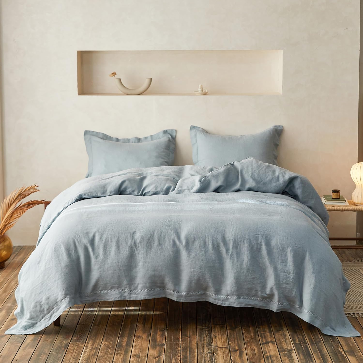 Simple&Opulence 100% Linen Duvet Cover Set with Crossed Embroidery Washed - 3 Pieces (1 Duvet Cover with 2 Pillow Shams) Soft Breathable Farmhouse - Dusty Blue, King Size