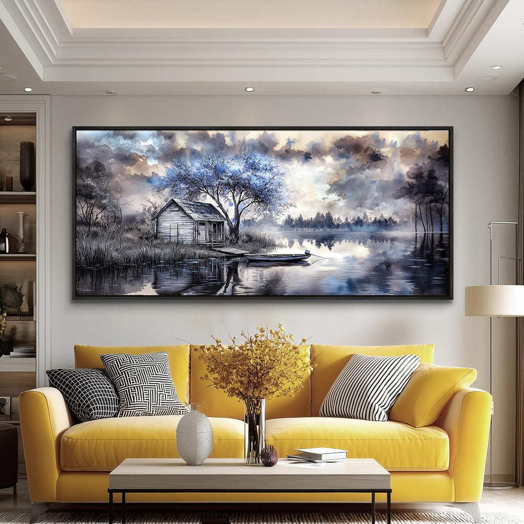 ERQINHUA Large Canvas Blue Tree Lakeside Landscape Painting Wall Decor For Living Room Restaurant Wall Art For Office Bedroom Artwork Pictures Modern Home Decor Ready To Hang Black Framed 32x72 In