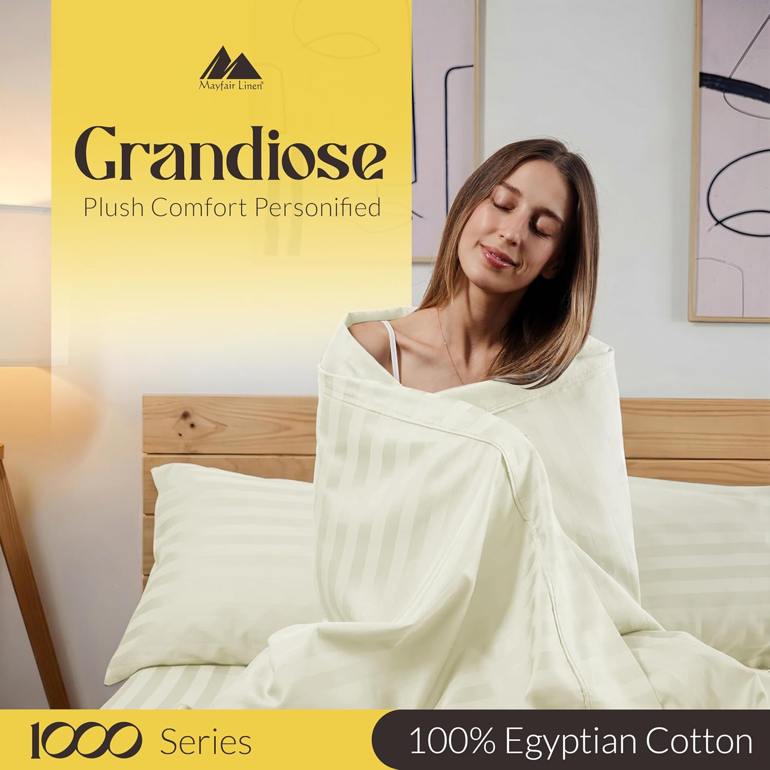 Mayfair Linen 100% Pure Egyptian Cotton Sheet King Size - Luxury 1000 Series Grandiose Collection Striped King Size Sheets Set (4 PC, Ivory - Stripe), 16' Deep Pocket Soft Cooling Hotel Bed Sheets Set