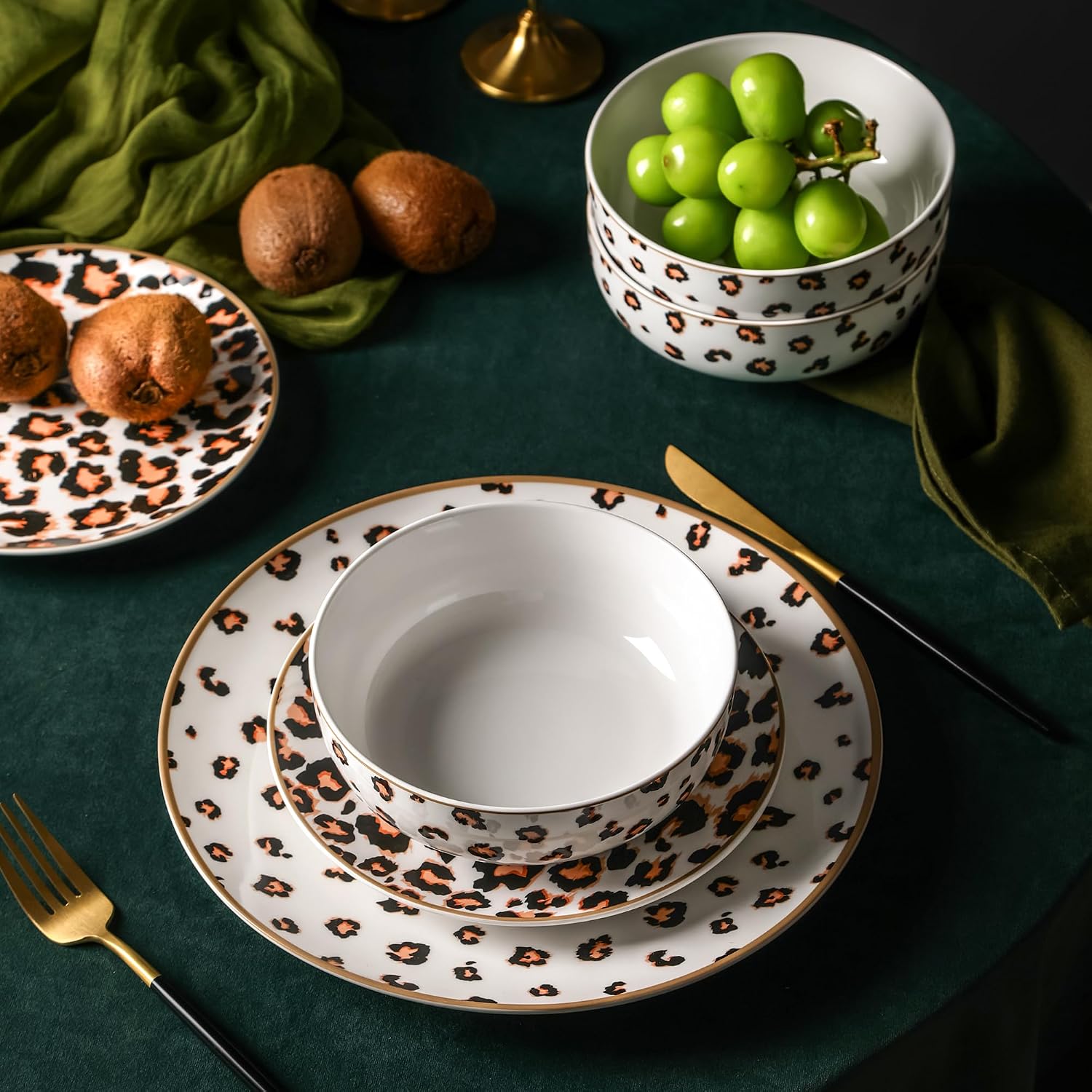 Christian Siriano Majestic 24-Piece Dinnerware Set Porcelain, Plates and Bowls Set, Dishwasher and Microwave Safe, Dish Set for 8, Multicolored