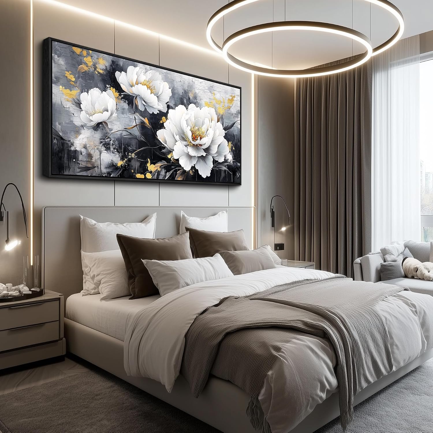 PHAOHUAXM Large Canvas Black Framed Wall Art Decor For Living Room Bedroom Abstract Painting Ink-Wash White Flowers With Home Dining Room Decorations Prints Posters Modern Room Home Decor 24'X48'