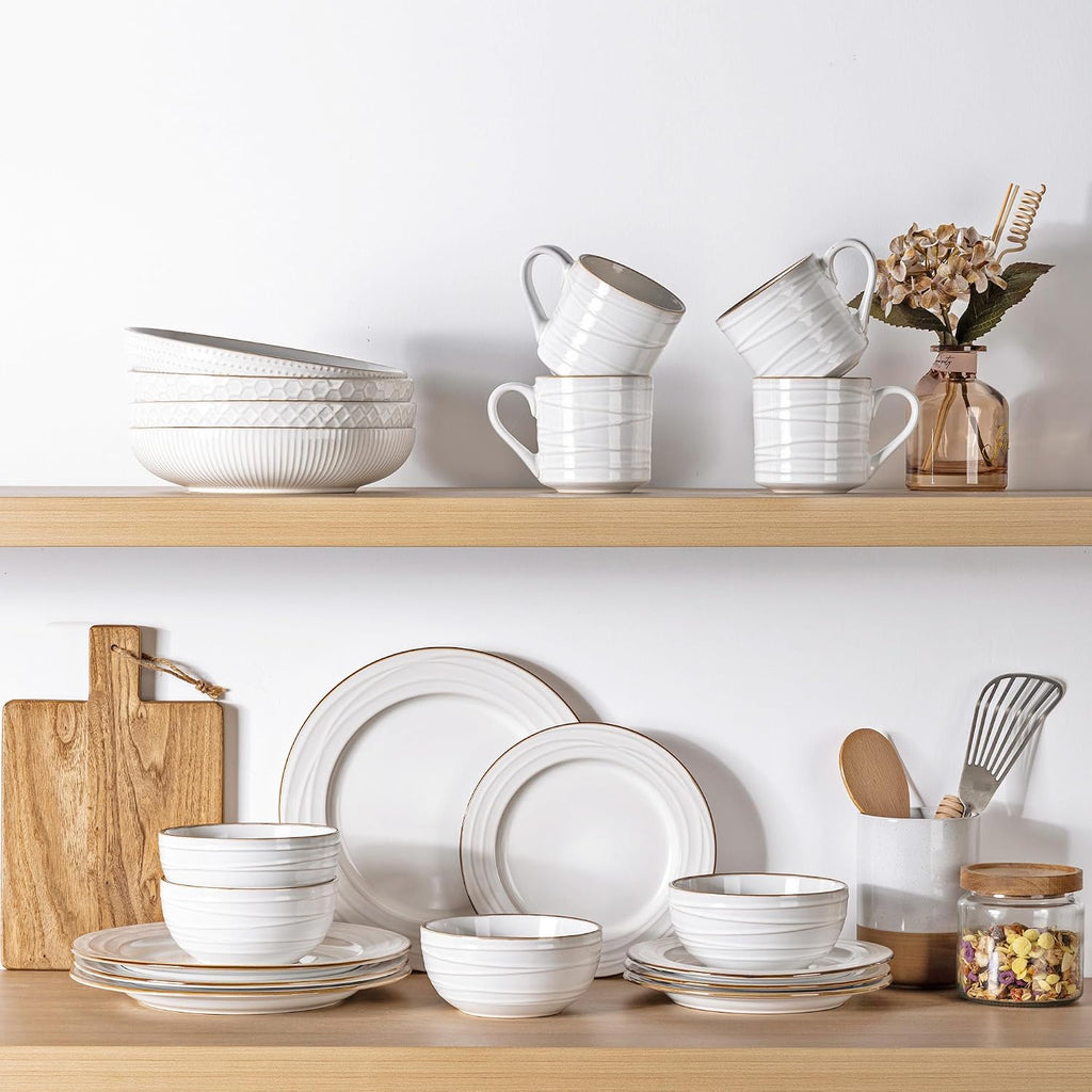 GBHOME Ceramic Dinnerware Sets, 24 pcs Embossed Elegant Stoneware Plates and Bowls Sets, Housewarming Wedding Gift | Dishwasher & Microwave Safe | Dishes Set Service for 8