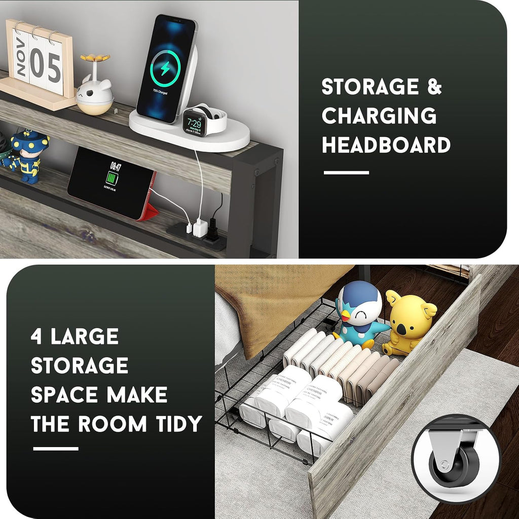 Fabulis Queen Size Bed Frame with 4 Storage Drawers and Headboard with Charging Station and LED Lights,2 Tier Solid Wood Headboard Storage/Noise Free/No Box Spring Needed/Remote Control/Rustic Grey