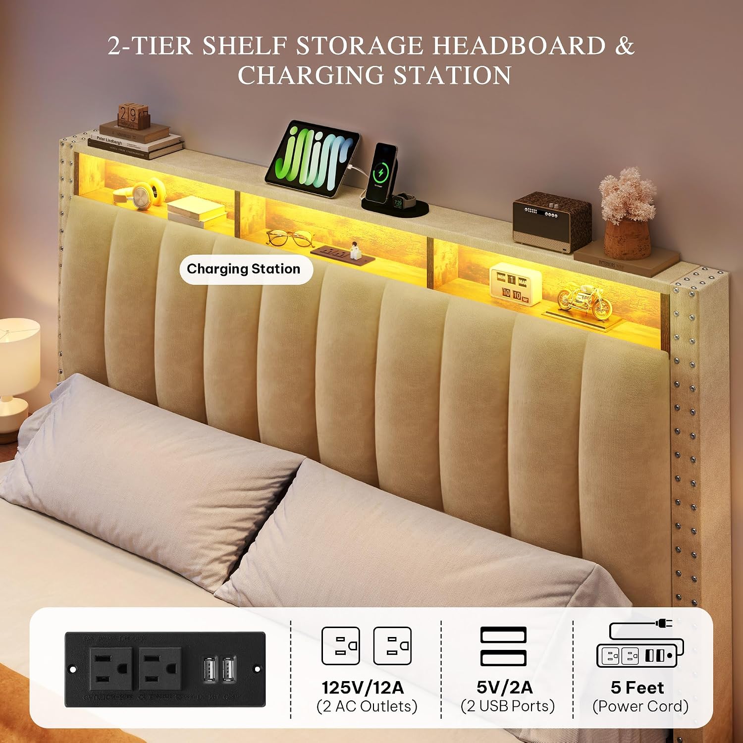 YITAHOME Full Size Bed Frame with 4 Storage Drawers and RGB LED Lights, Velvet Upholstered Platform Bed with Charging Station and Storage Headboard, No Box Spring Needed, Easy Assembly, Beige