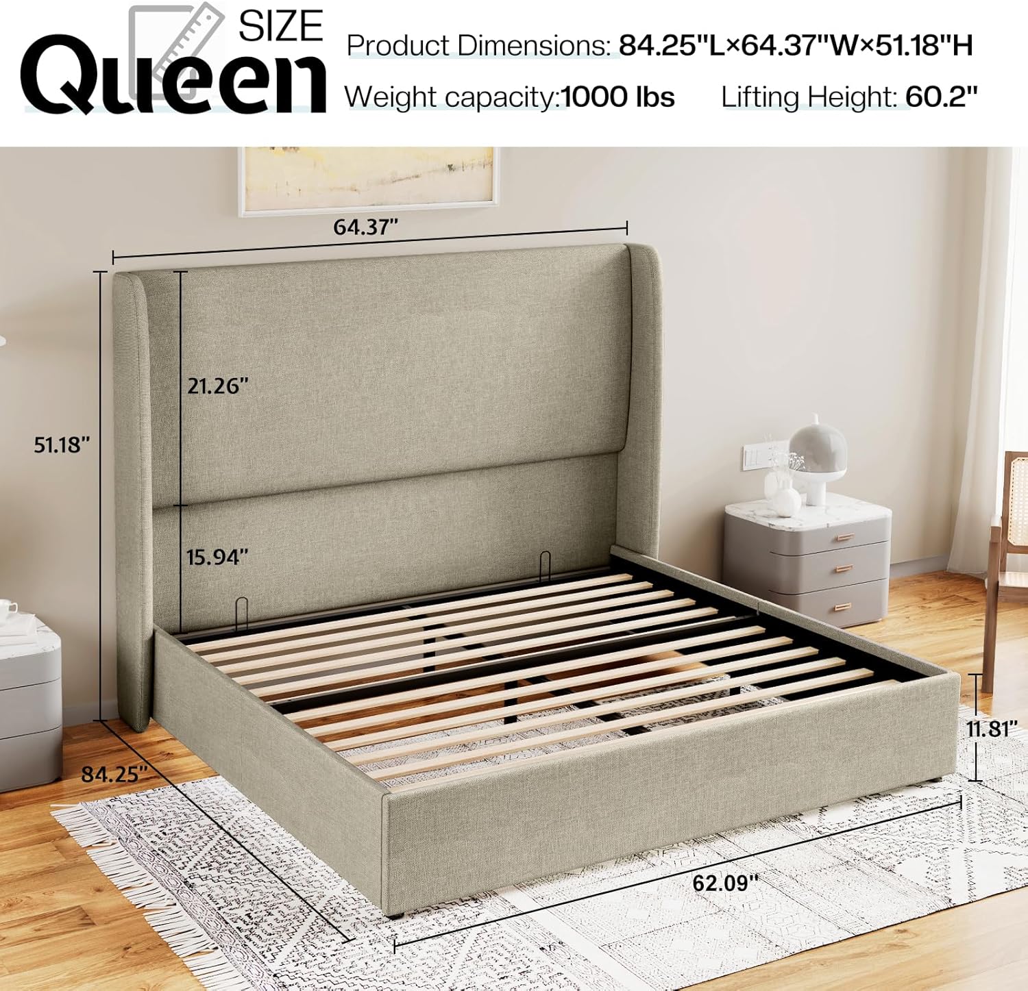 Jocisland Queeen Size Upholstered Platform Bed Frame with Hydraulic Lift Storage, Wingback Headboard, Wood Slats Support, No Box Spring Needed, Linen Off Khaki