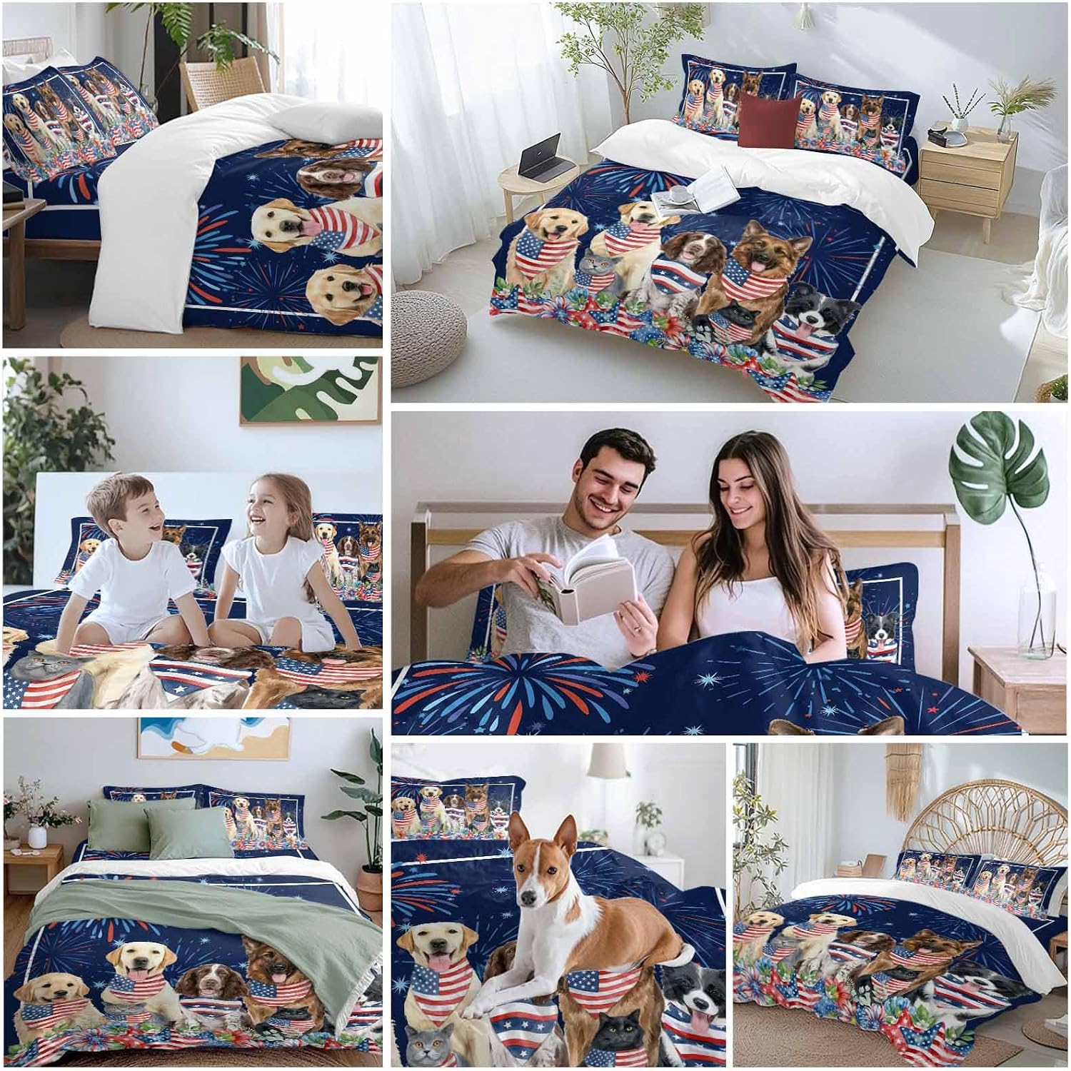 Independence Day Dog Cat Duvet Cover Set Queen Size 4 Pieces Watercolor Red Blue Stripe Star Flag Firework Blue Bedding Set with Zipper Closure,1 Comforter Cover 86x86 Inch 1 Flat Sheet&2 Pillow Cases