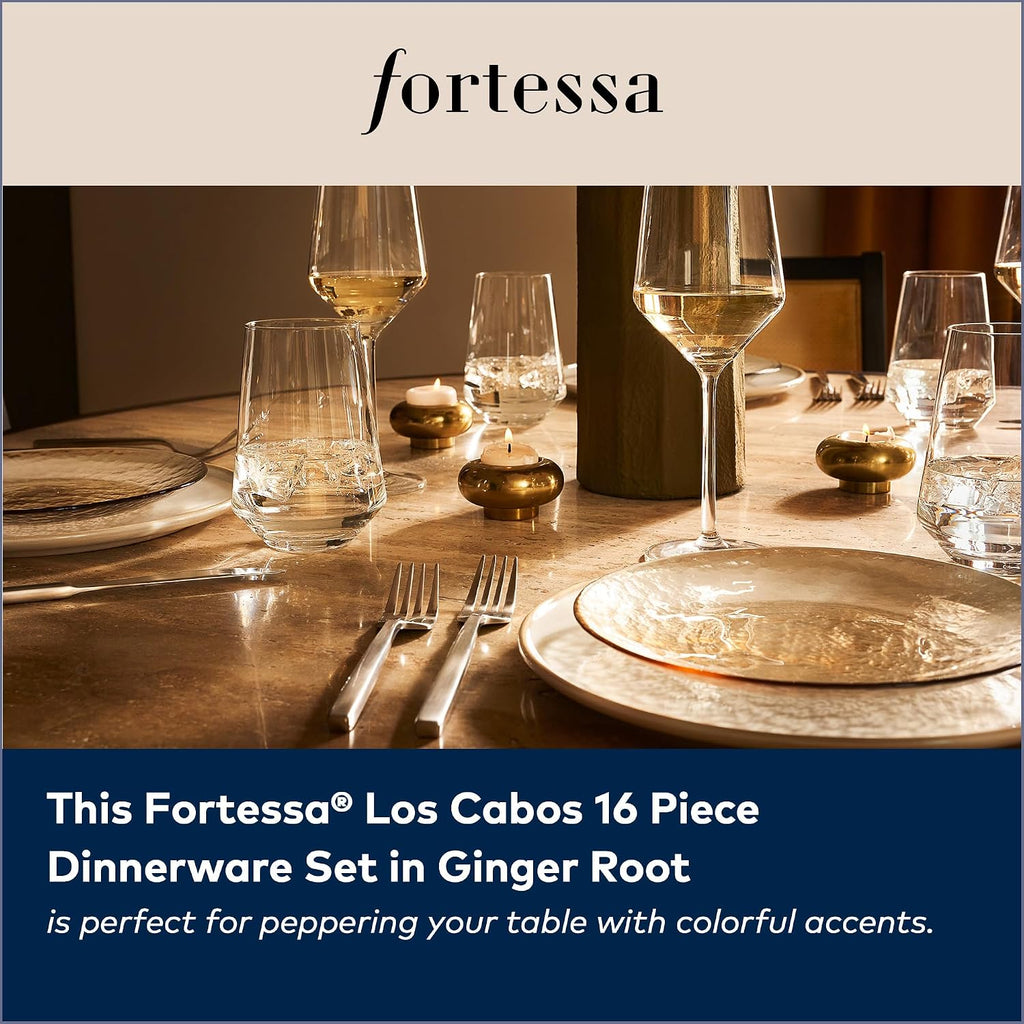 FORTESSA Los Cabos Tableware, 16-Piece Glass Dinnerware Set with 4 Dinner Plates, 4 Salad Plates, 4 Coupe Bowls and 4 Cereal Bowls, Dishwasher-Safe Glass Plate Set, Ginger Root