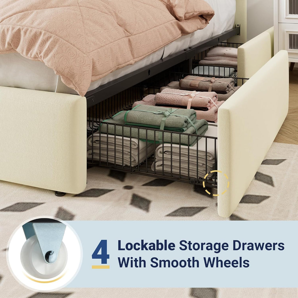 Allewie King Size Storage Bed Frame, Vertical Channel Tufted Adjustable Headboard, Velvet Upholstered Platform Bed with 4 Oversized Underbed Drawers, Wooden Slats Support, No Box Spring Needed, Cream