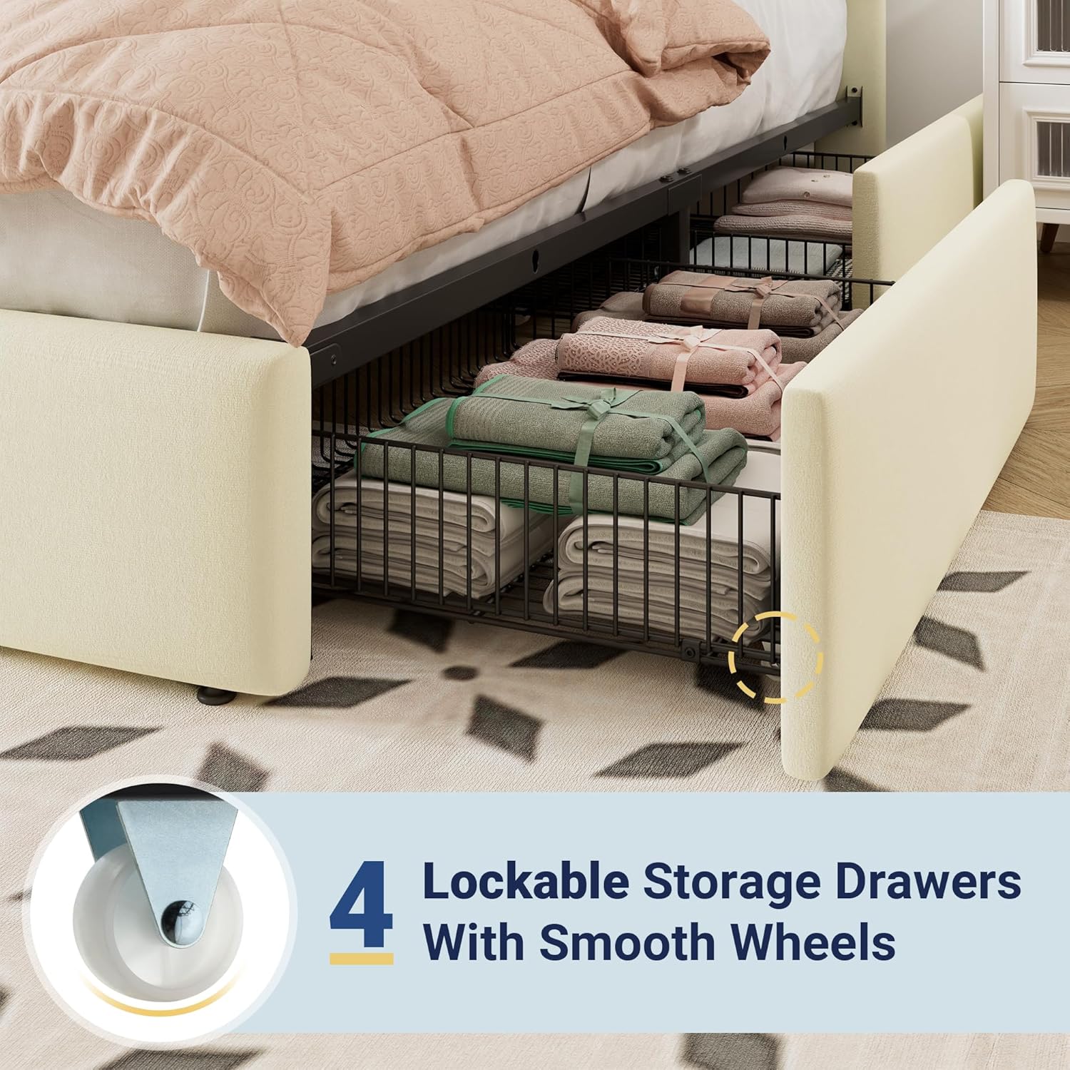 Allewie King Size Storage Bed Frame, Vertical Channel Tufted Adjustable Headboard, Velvet Upholstered Platform Bed with 4 Oversized Underbed Drawers, Wooden Slats Support, No Box Spring Needed, Cream