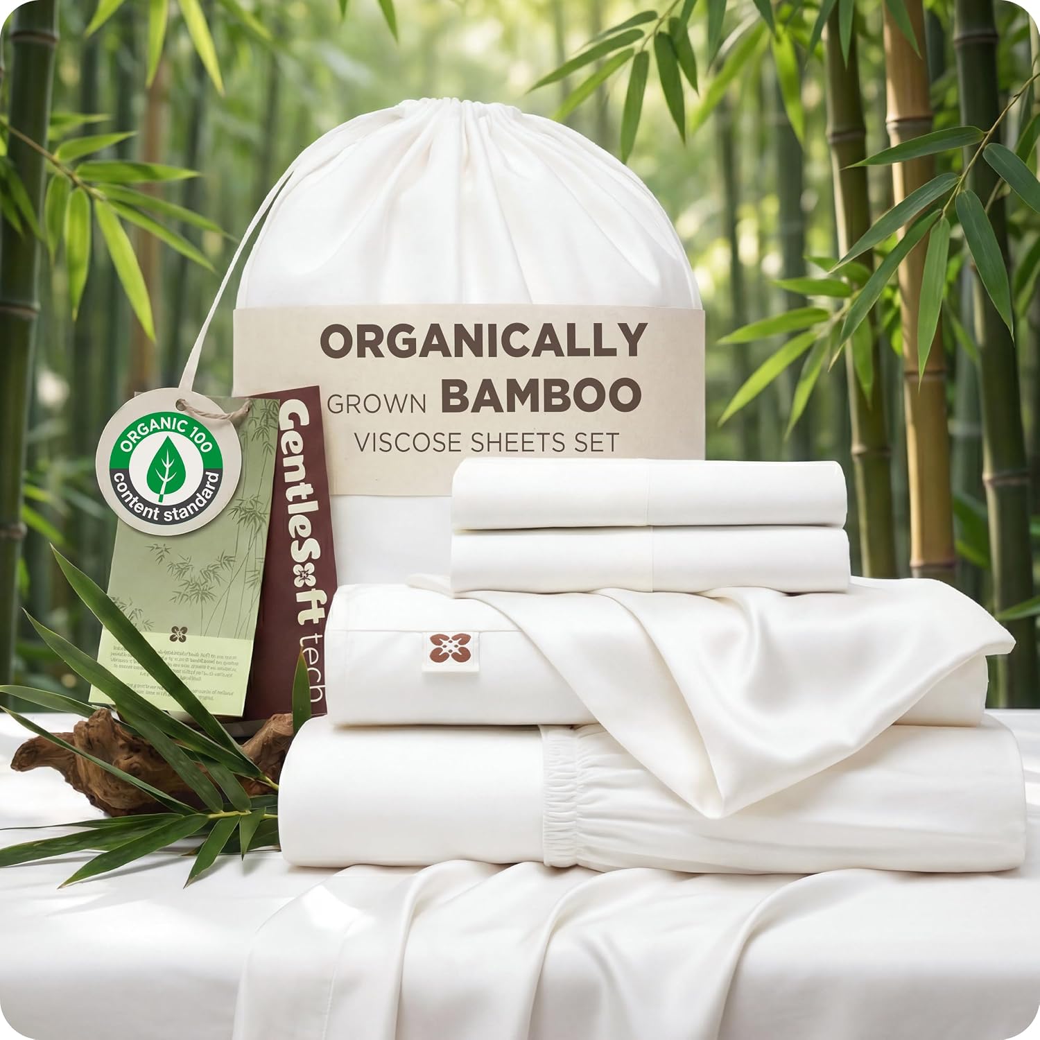 Bedsure 100% Organically Grown Bamboo Viscose King Size Sheets Set | Cooling Bedsheets for Hot Sleepers | Luxury Silky Soft | 18' Deep Pocket with Corner Straps | Oeko-Tex Certified [White]