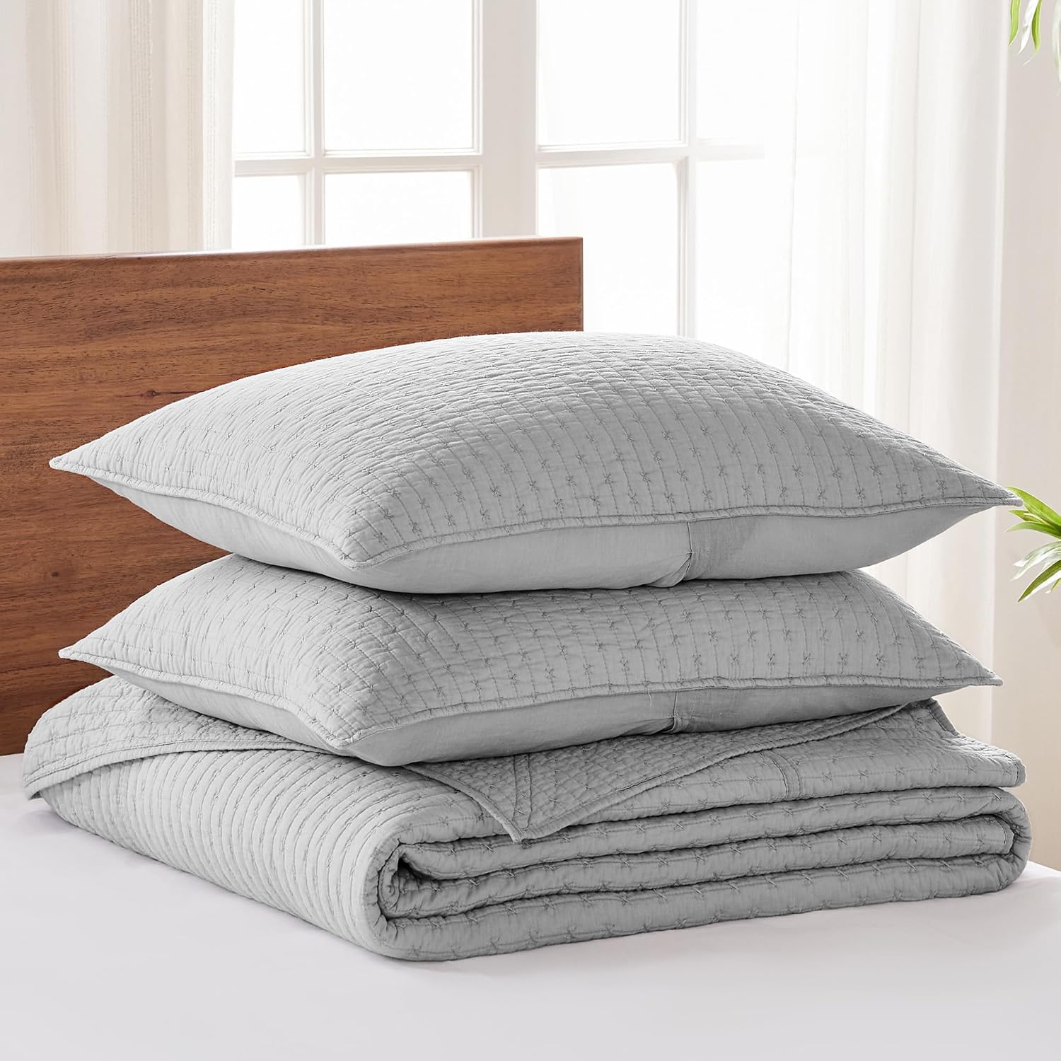 Levtex Home Cross Stitch Reversible Full Bedspread Set (100x104in) with 2 Pillow Shams (26x20in) - Stitch Texture - Light Grey - Cotton Full Size Bedspread Set - Lightweight, Soft, Pre-Washed