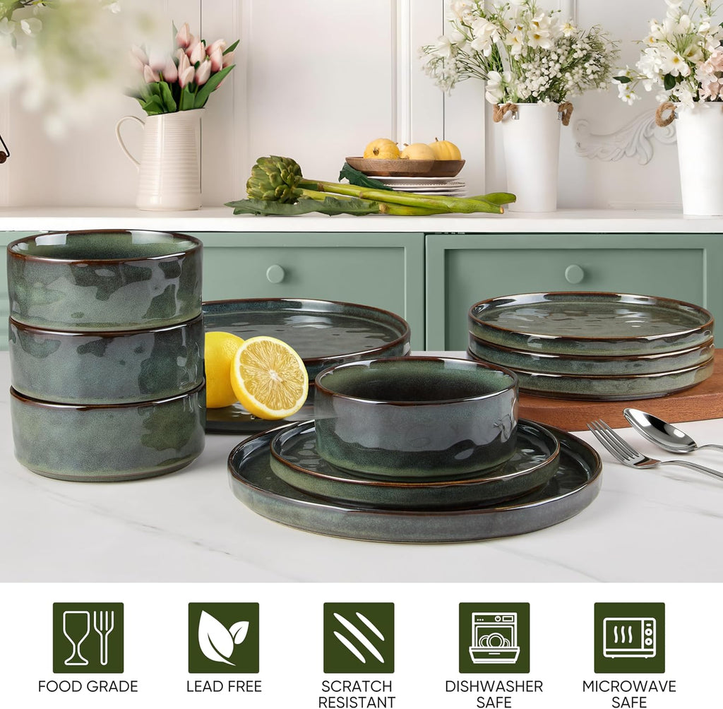 LIANYU Stoneware Dinnerware Dishes Sets for 8, 24 Piece Plates and Bowls Dishware Set, Ceramic Dinning Ware Includes Dinner Salad Plates, Cereal Bowls, Chip & Scratch Resistant,Moss Green