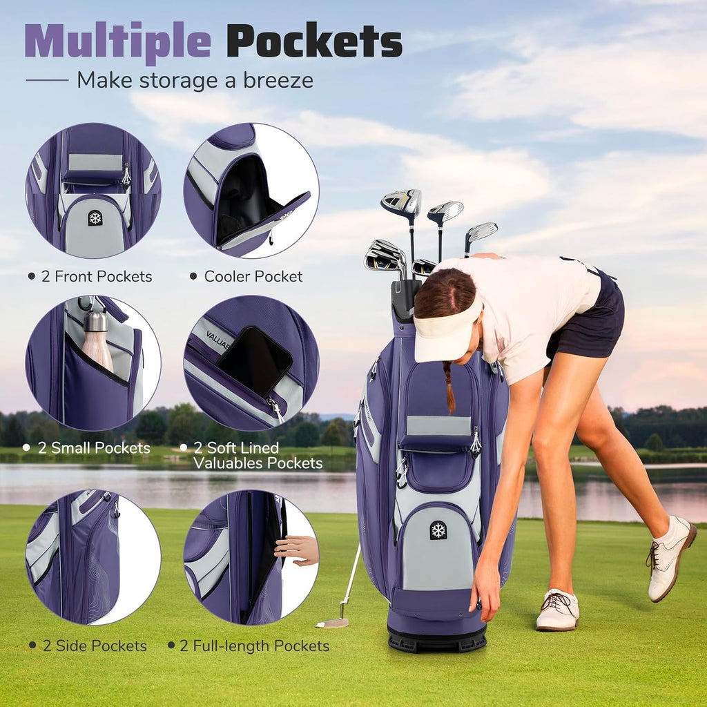 Goplus Lightweight Golf Cart Bag, Molded Lock Top Golf Club Bag w/14-Way Full Length Organizer Dividers, 11 Pockets, Cooler Bag, Straps, Umbrella Holder & Rain Hood for Men Women