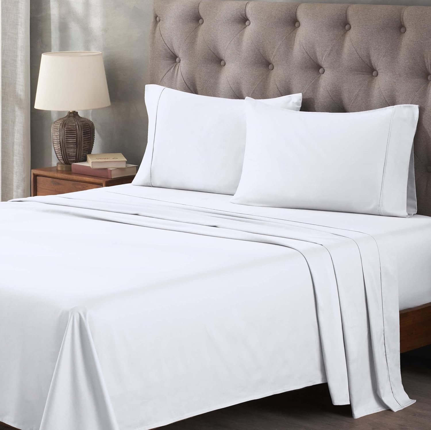Superior Egyptian Cotton 400 Thread Count Bed Sheet Set, 1 Elastic Deep Pocket Fitted Sheet, 1 Flat Sheet, 2 Pillowcases, Soft Bedding, Luxury Sheets, Sateen Weave, Queen Size, White