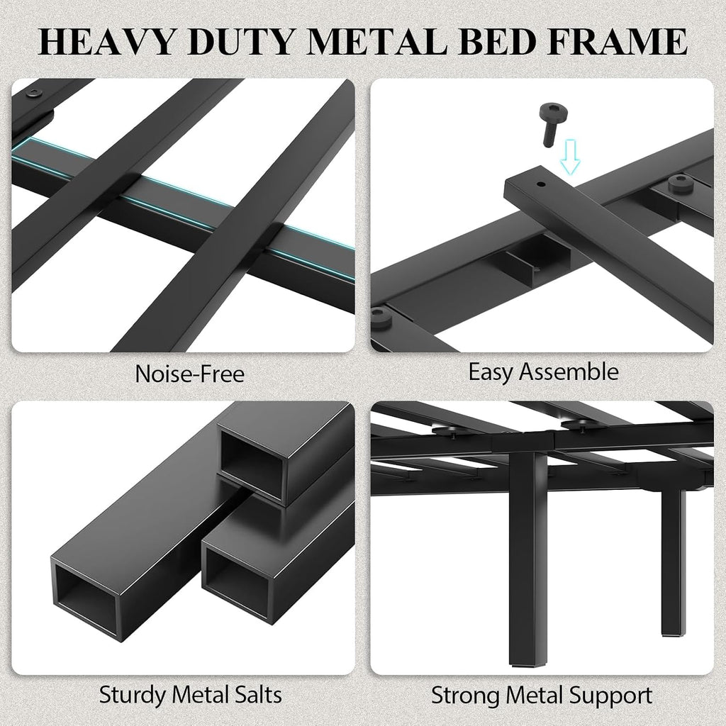 LOEWAY King Size Bed Frame with Storage Headboard, Industrial Platform Bed with Charging Station and LED Lights, Heavy Duty Metal Slats, No Box Spring Need, Noise Free, Black
