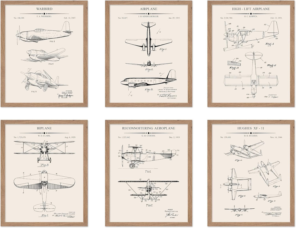 Poster Master 6-Piece Vintage Aviation Blueprint Poster - Airplane Patent Print - Aircraft Art - Aviation Design - Biplane & Warbird Print - Great Office or Living Room Decor - 8x10 Beige Framed