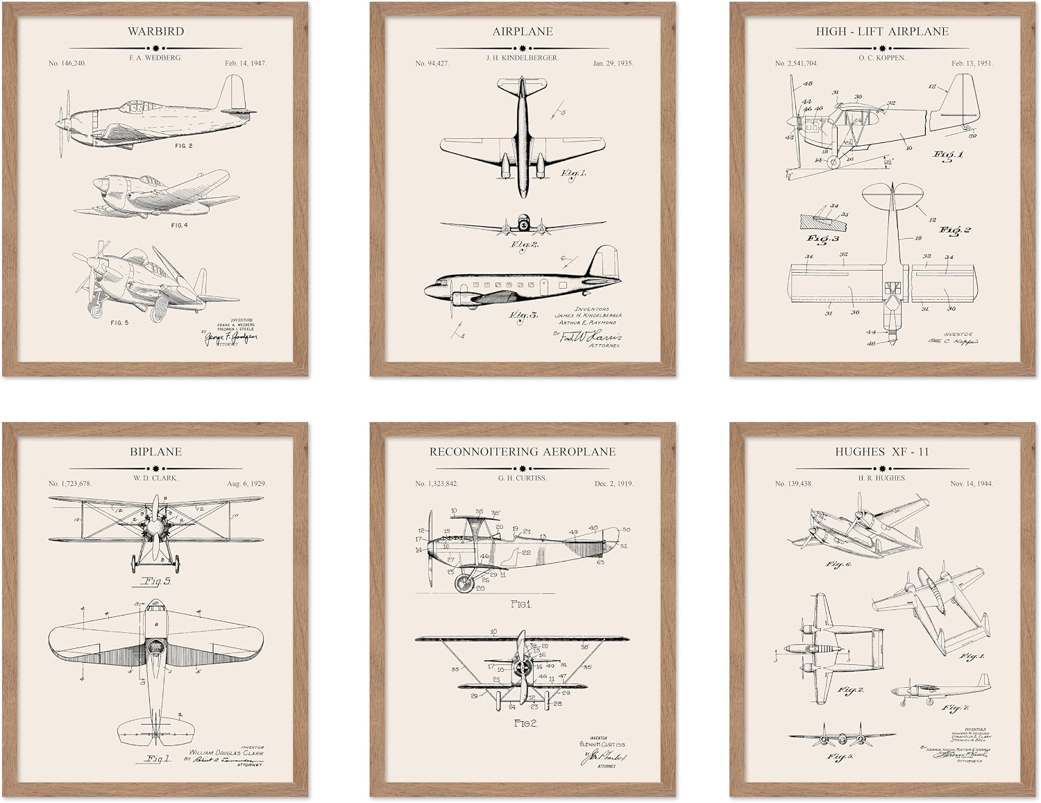 Poster Master 6-Piece Vintage Aviation Blueprint Poster - Airplane Patent Print - Aircraft Art - Aviation Design - Biplane & Warbird Print - Great Office or Living Room Decor - 8x10 Beige Framed
