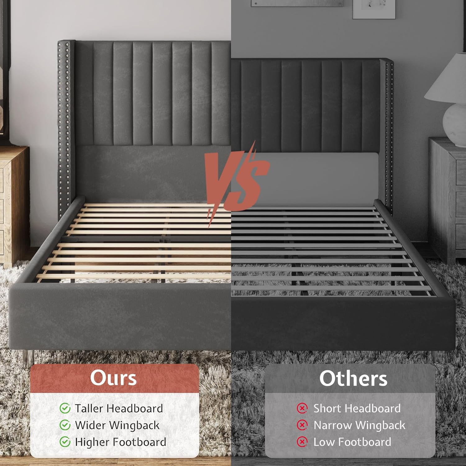 Jocisland Queen Bed Frame with 49.2' Tall Wingback Headboard, Velvet Upholstered Platform Bed, No Box Spring Needed, Noise-Free, for Couples, Guest Room & Apartment, Grey