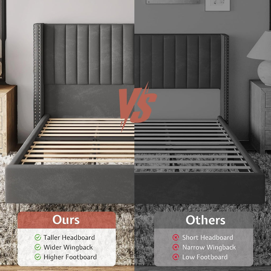Jocisland King Bed Frame with 49.2' Tall Wingback Headboard, Velvet Upholstered Platform Bed, No Box Spring Needed, Noise-Free, for Family with Kids, Pet Owners & Master Bedroom, Grey