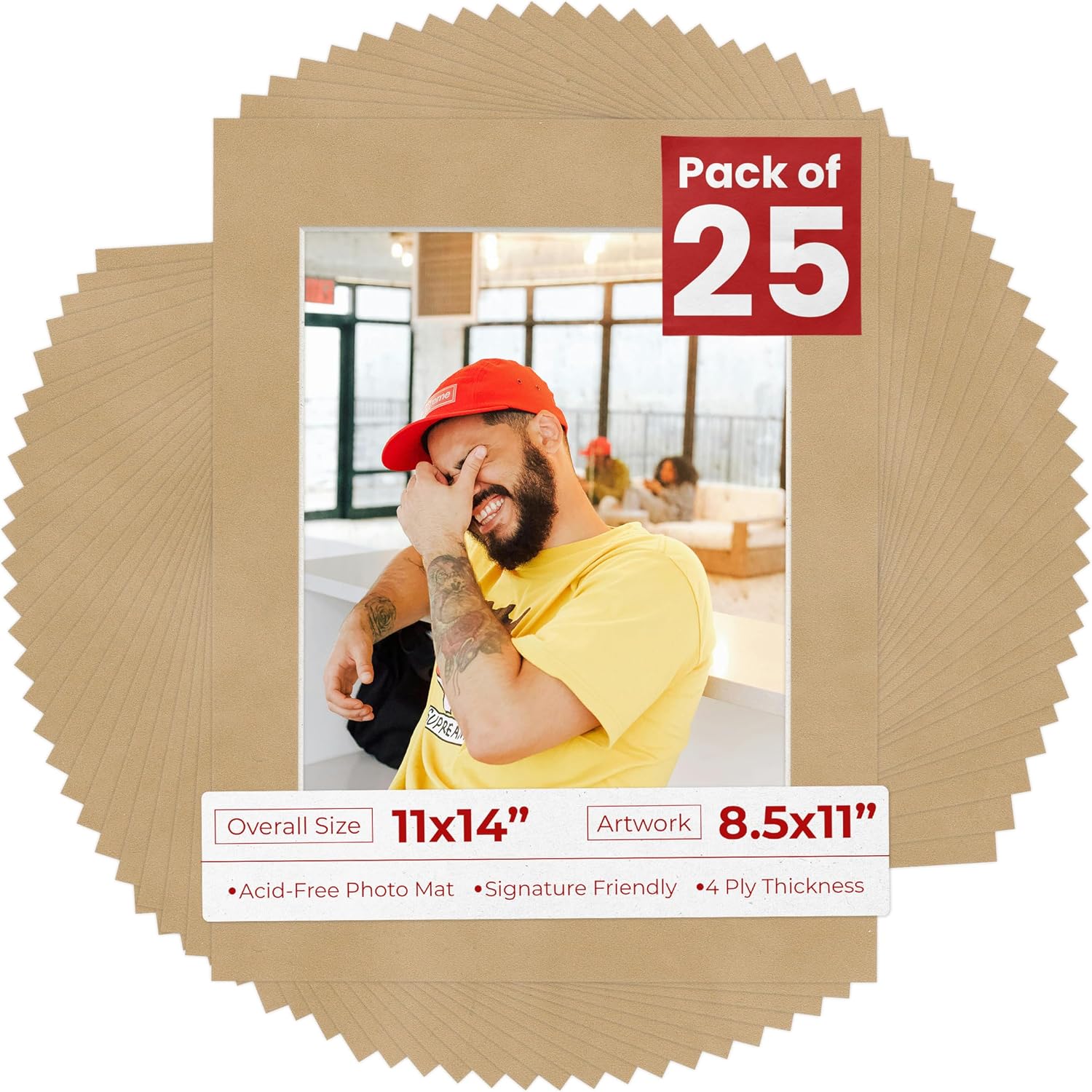Poster Palooza Pack of 25 Acid Free 11x14 Mats Bevel Cut for 8.5x11 Photos - Beige Suede Precut Matboards With Backing Boards and Clear Photo Mat Bags For Pictures, Photos, Framing - 4-ply Thickness