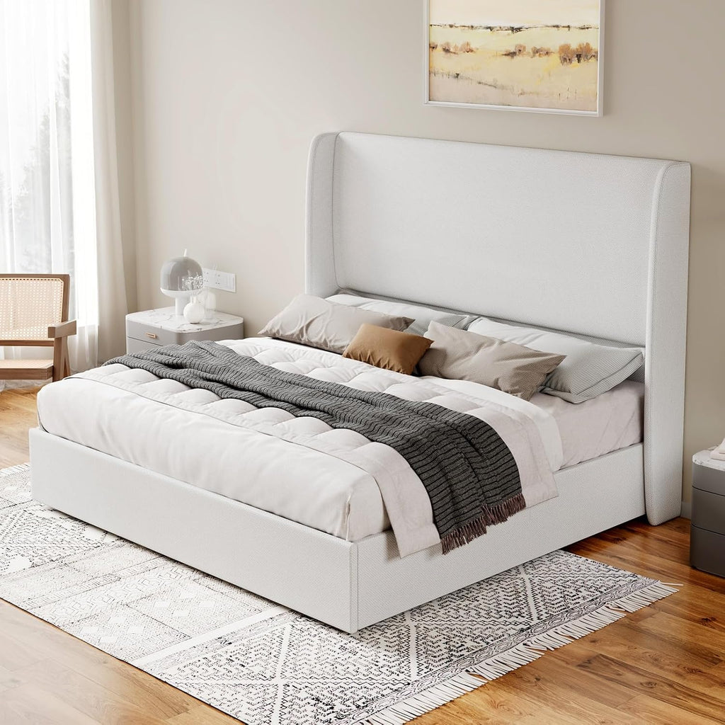 Jocisland Queen Size Bed Frame Lift Up Storage Bed Linen Upholstered Bed Frame with Hydraulic Storage/Wingback Headboard/No Box Spring Needed/White