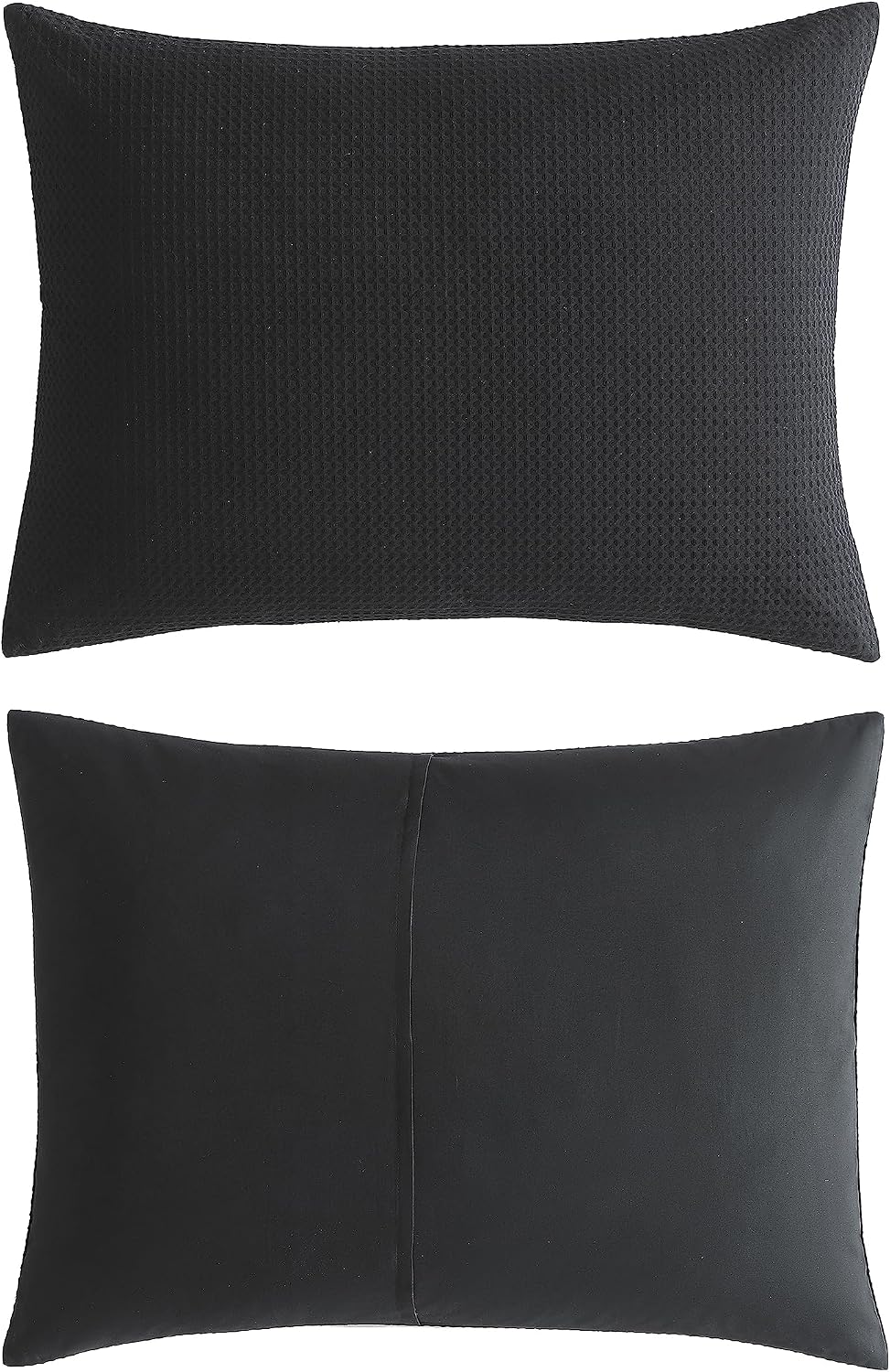 Vera Wang - King Comforter Set, Soft Cotton Bedding with Waffle Pique Texture & Smooth Cotton Percale Reverse, Medium Weight for Year-Round Comfort, 3 Piece Bed Set with Matching Pillowcases (Black)