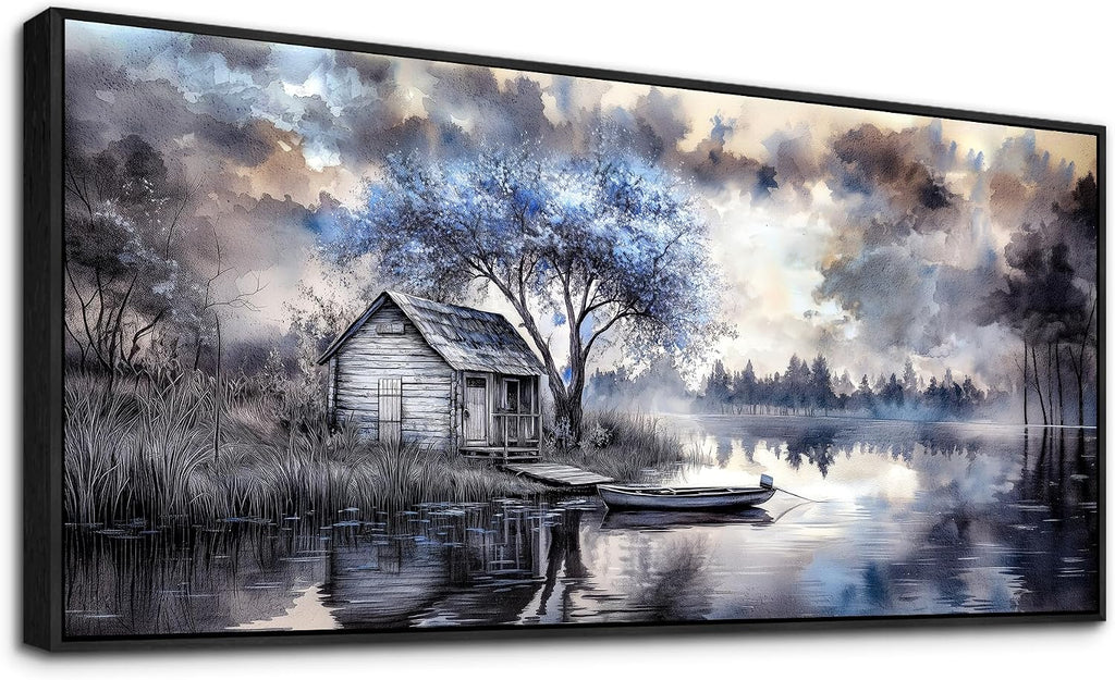 ERQINHUA Large Canvas Blue Tree Lakeside Landscape Painting Wall Decor For Living Room Restaurant Wall Art For Office Bedroom Artwork Pictures Modern Home Decor Ready To Hang Black Framed 32x72 In