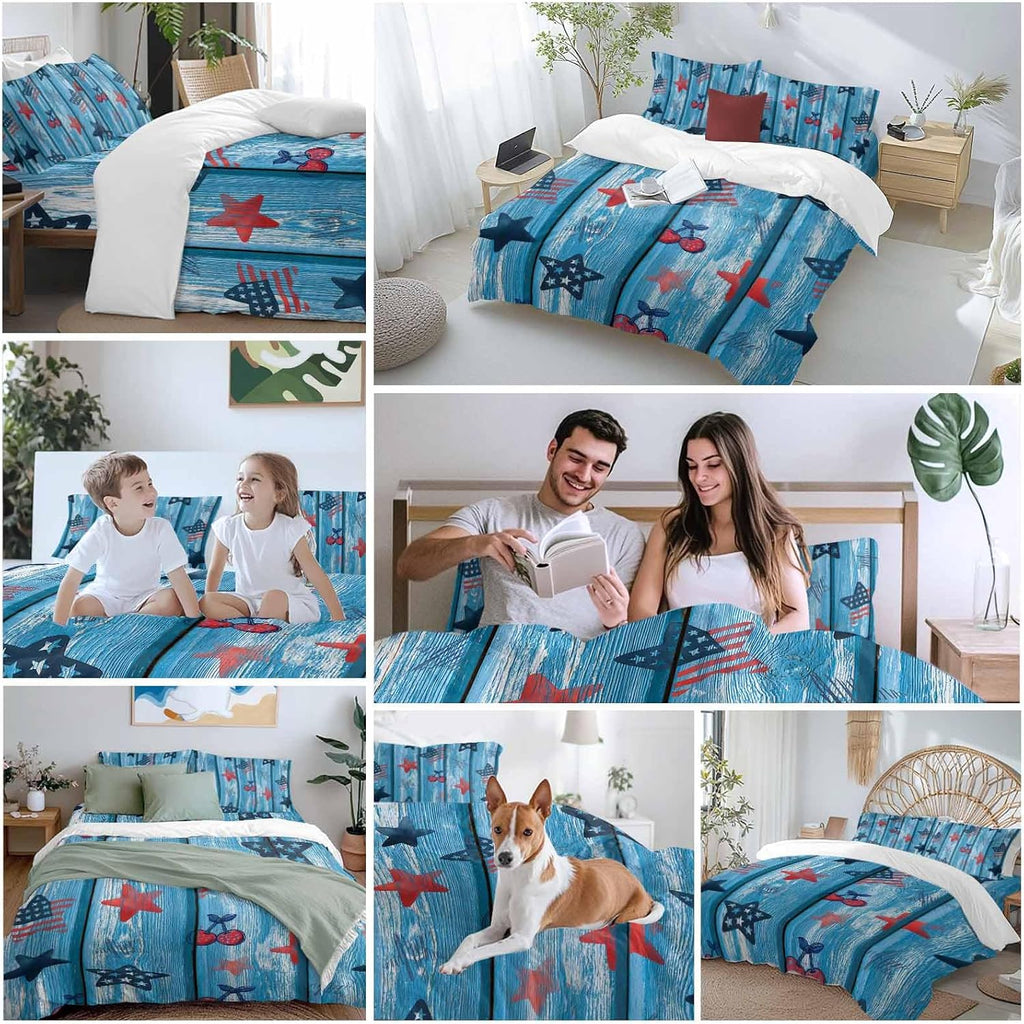 Independence Day Duvet Cover Set Queen Size 4 Pieces Graffiti Five-Pointed Star Blue Wood Grain Bedding Set with Zipper Closure, 1 Comforter Cover 90x92 Inches 1 Flat Sheet & 2 Pillow Cases