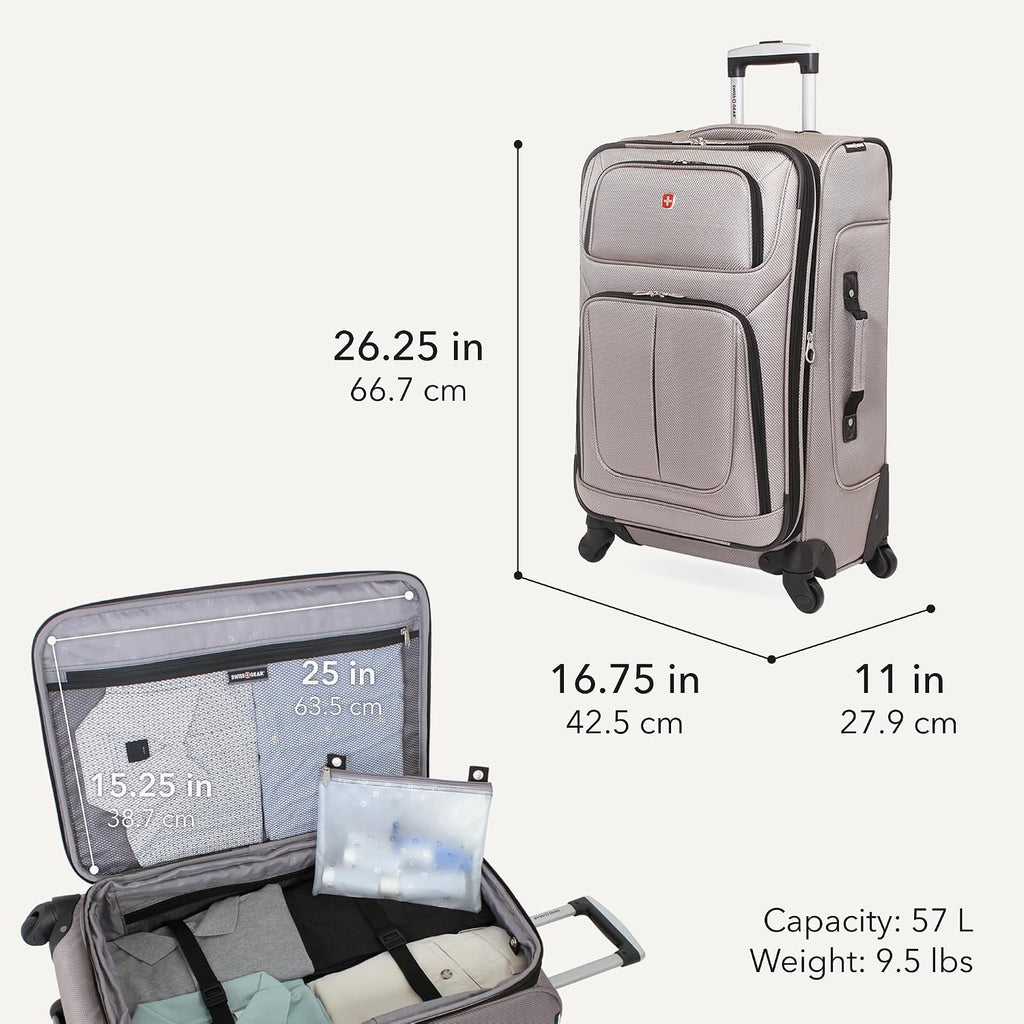 SWISSGEAR Sion Softside Expandable Spinner Luggage Durable Lightweight Travel Suitcase, Pewter, Checked-Medium