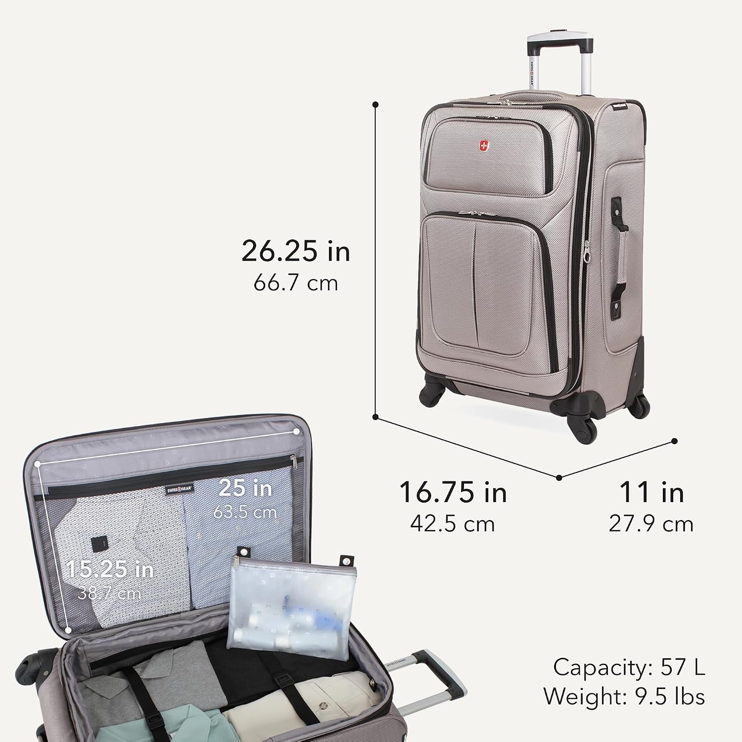 SWISSGEAR Sion Softside Expandable Spinner Luggage Durable Lightweight Travel Suitcase, Pewter, Checked-Medium