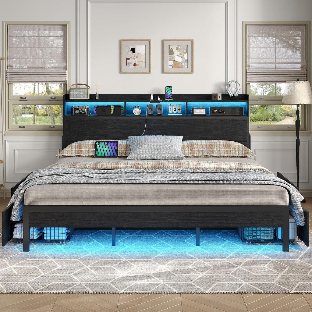 King Size Bed Frame with 4 Storage Drawers & 2 Hidden Nightstands, Platform Bed with RGB LED Lights & USB Charging Station, No Box Spring Needed, Noise-Free, Black