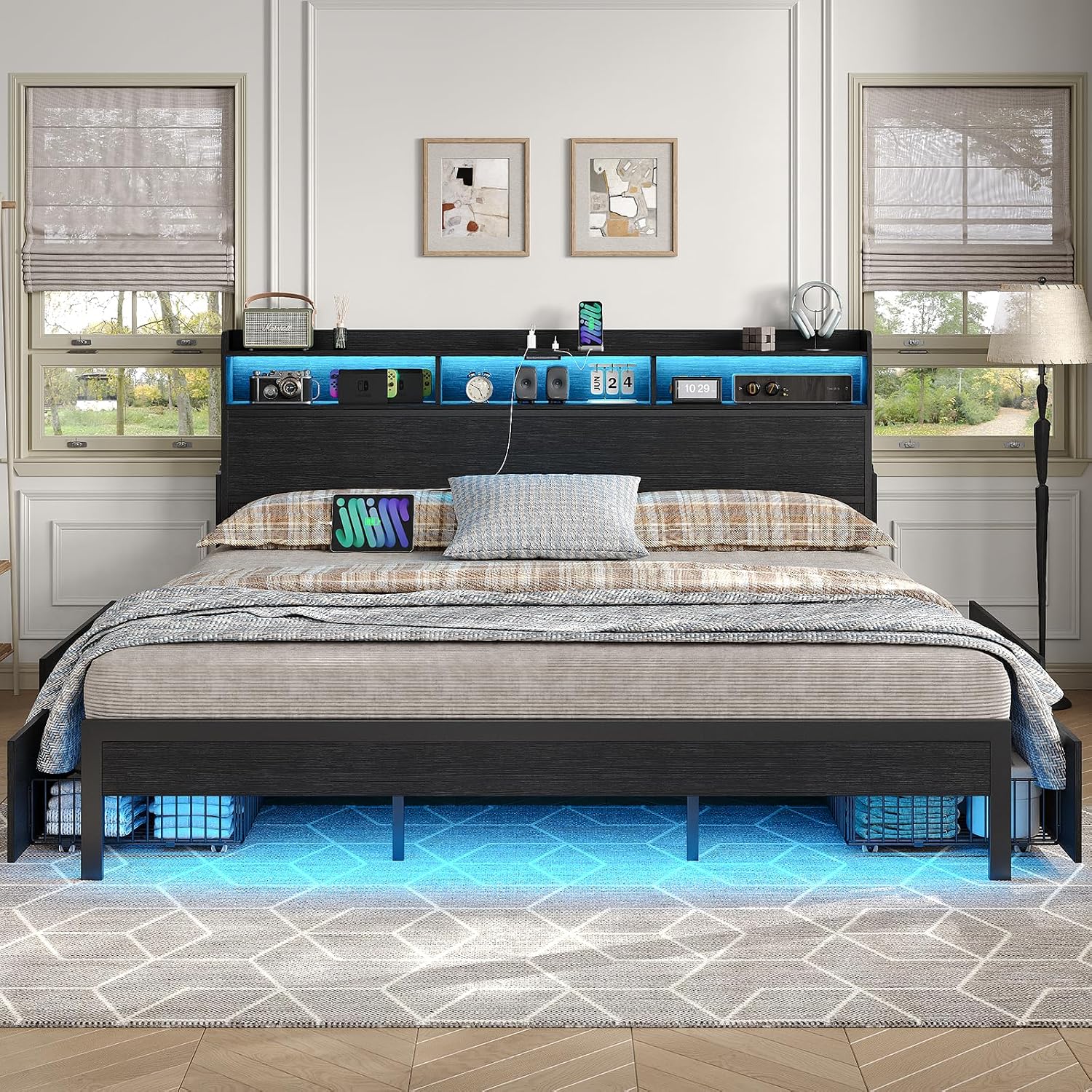 King Size Bed Frame with 4 Storage Drawers & 2 Hidden Nightstands, Platform Bed with RGB LED Lights & USB Charging Station, No Box Spring Needed, Noise-Free, Black