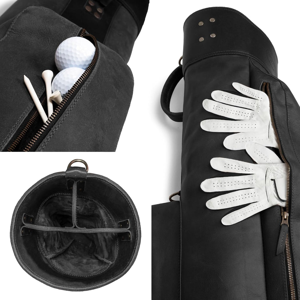 Leather Golf Bag with Top Divider & Shoulder Strap, Vintage Club Golf Cart Bags for Men & Women, Carry Sunday Silencer Stand Bag, Mens Travel Walking Cases, Hard Case Light Weight
